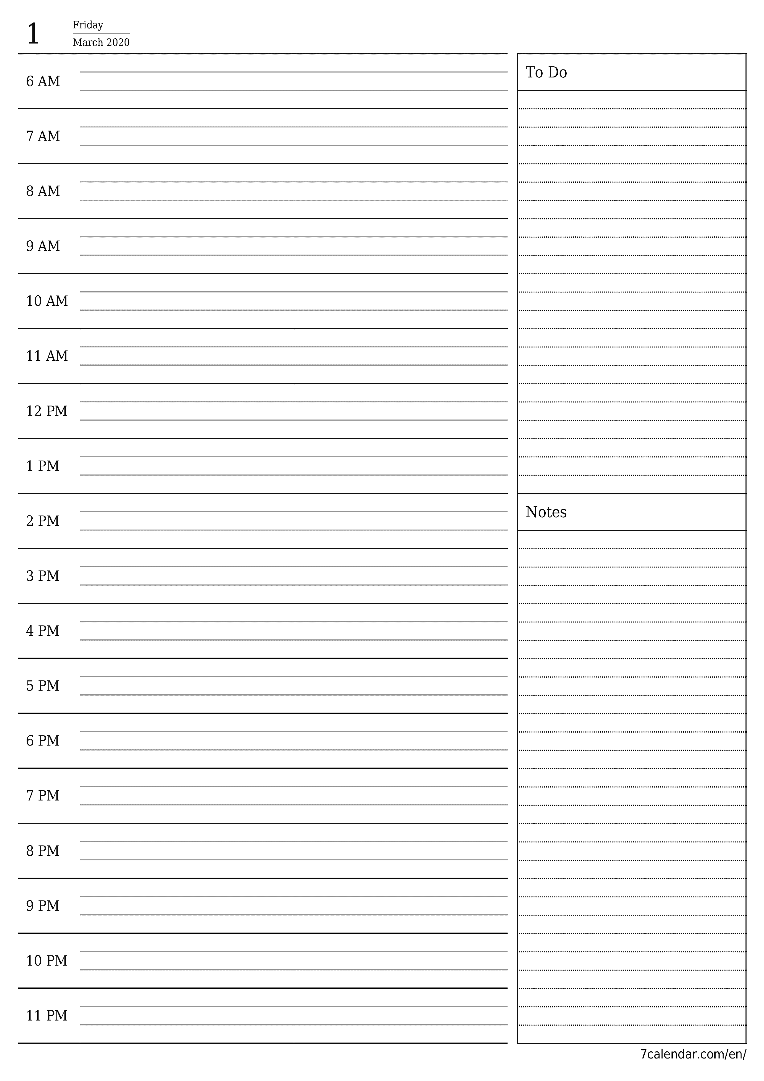 Blank daily printable calendar and planner for day March 2020 with notes, save and print to PDF PNG English