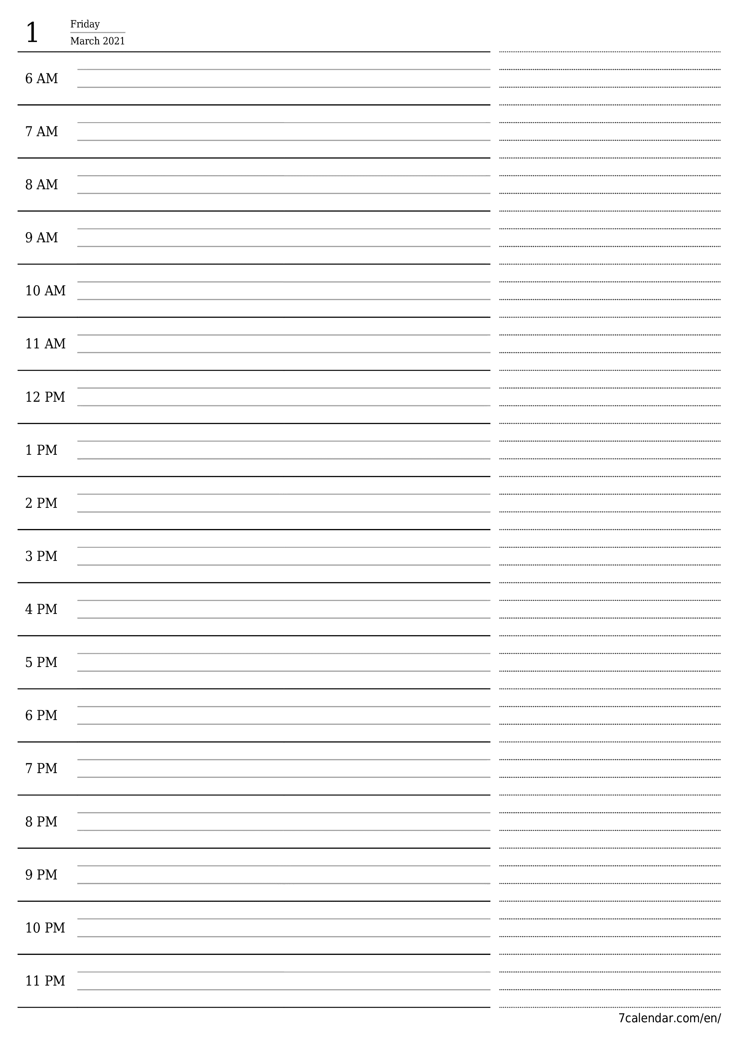 Blank daily printable calendar and planner for day March 2021 with notes, save and print to PDF PNG English