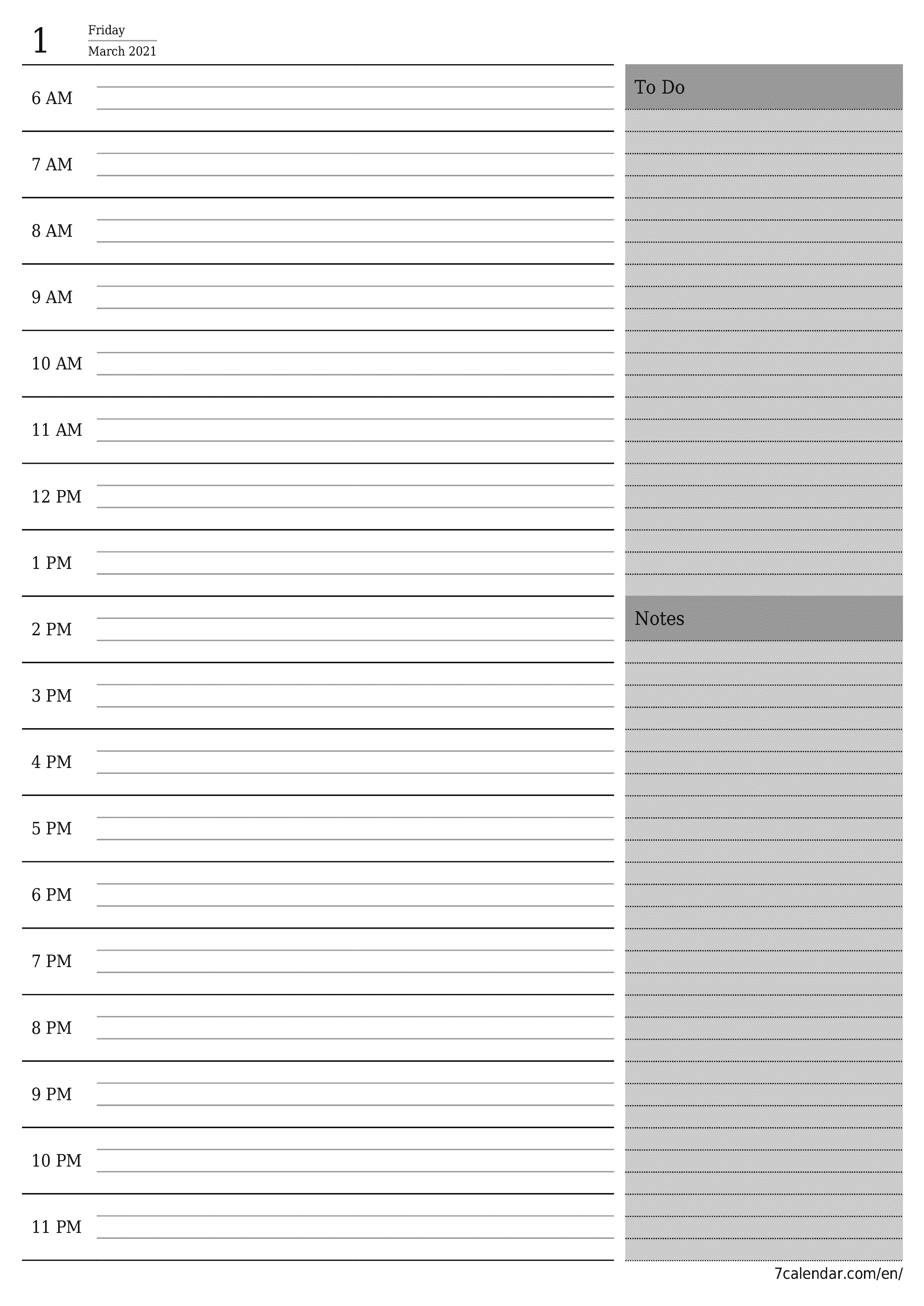 Blank daily printable calendar and planner for day March 2021 with notes, save and print to PDF PNG English