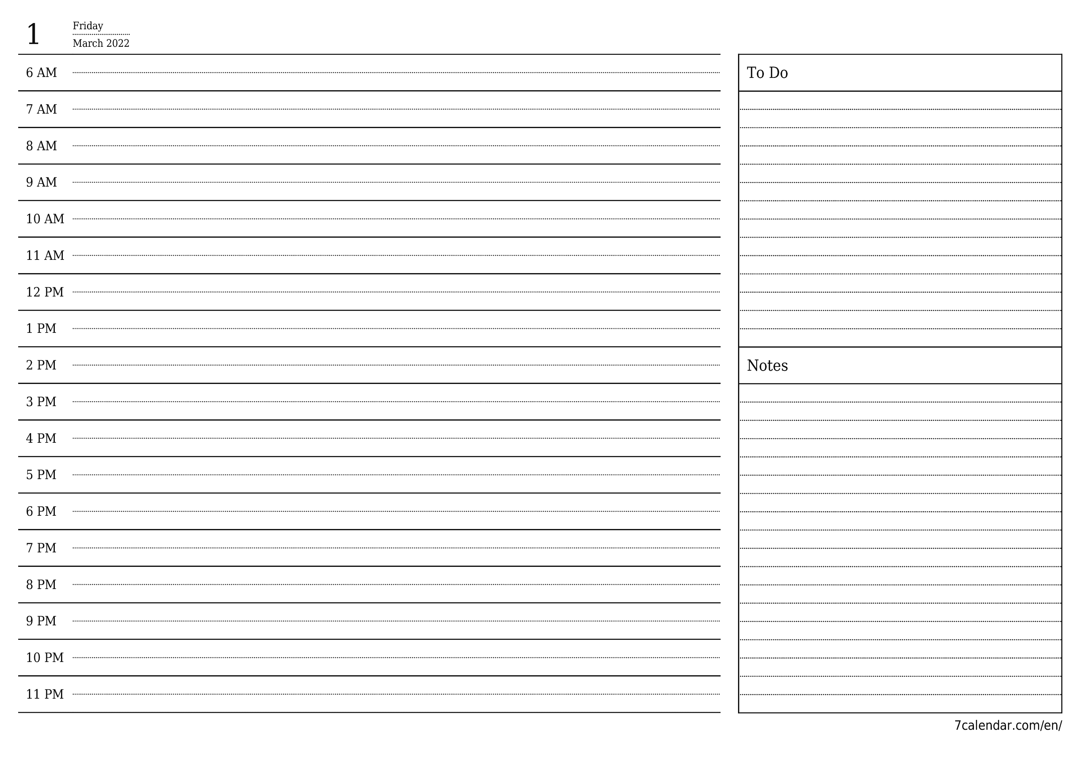 Blank daily calendar planner for day March 2022 with notes, save and print to PDF PNG English - 7calendar.com