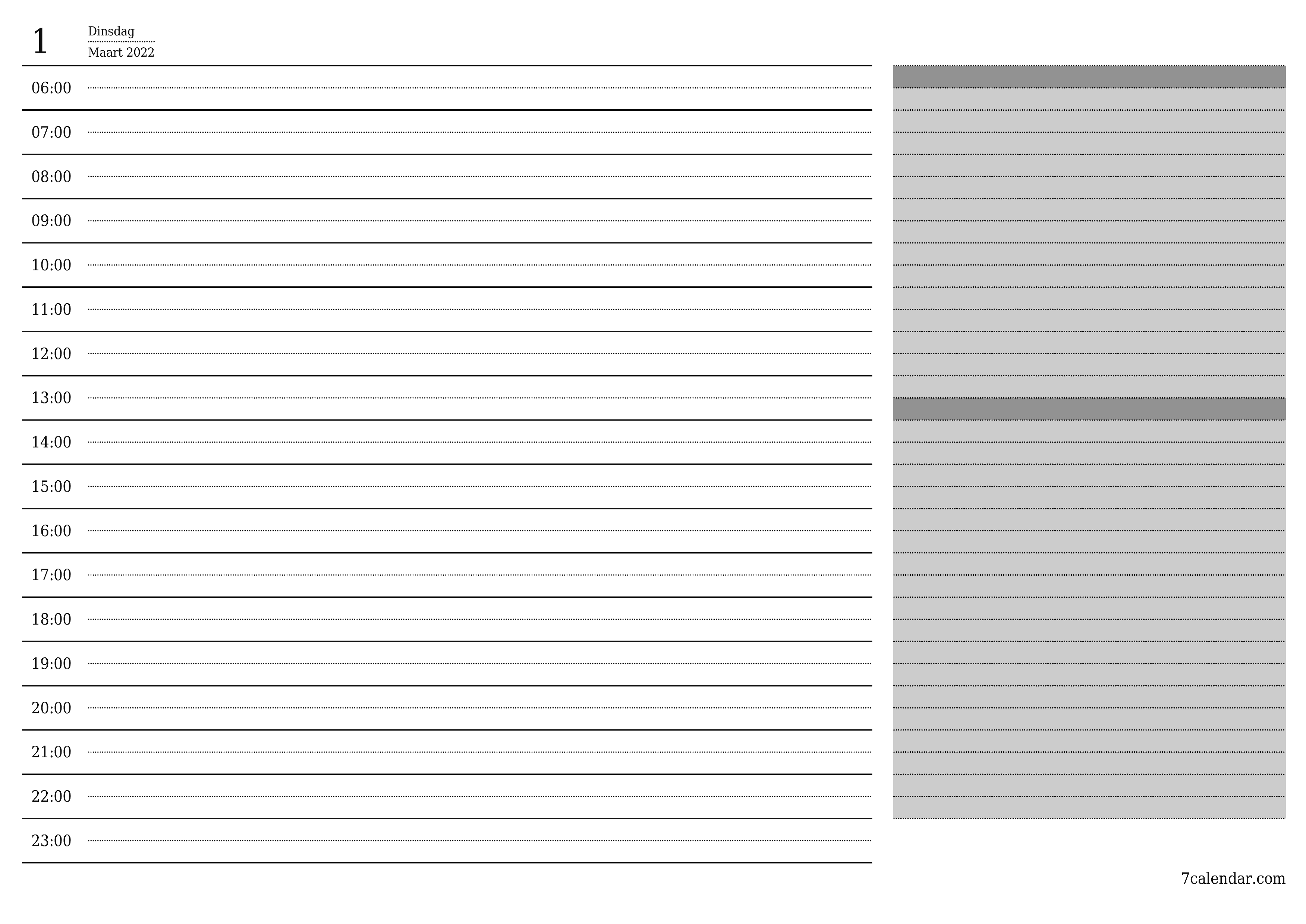 Leë daaglikse drukbare kalender en beplanner vir dag Maart 2022 met notas, stoor en druk na PDF PNG Afrikaans