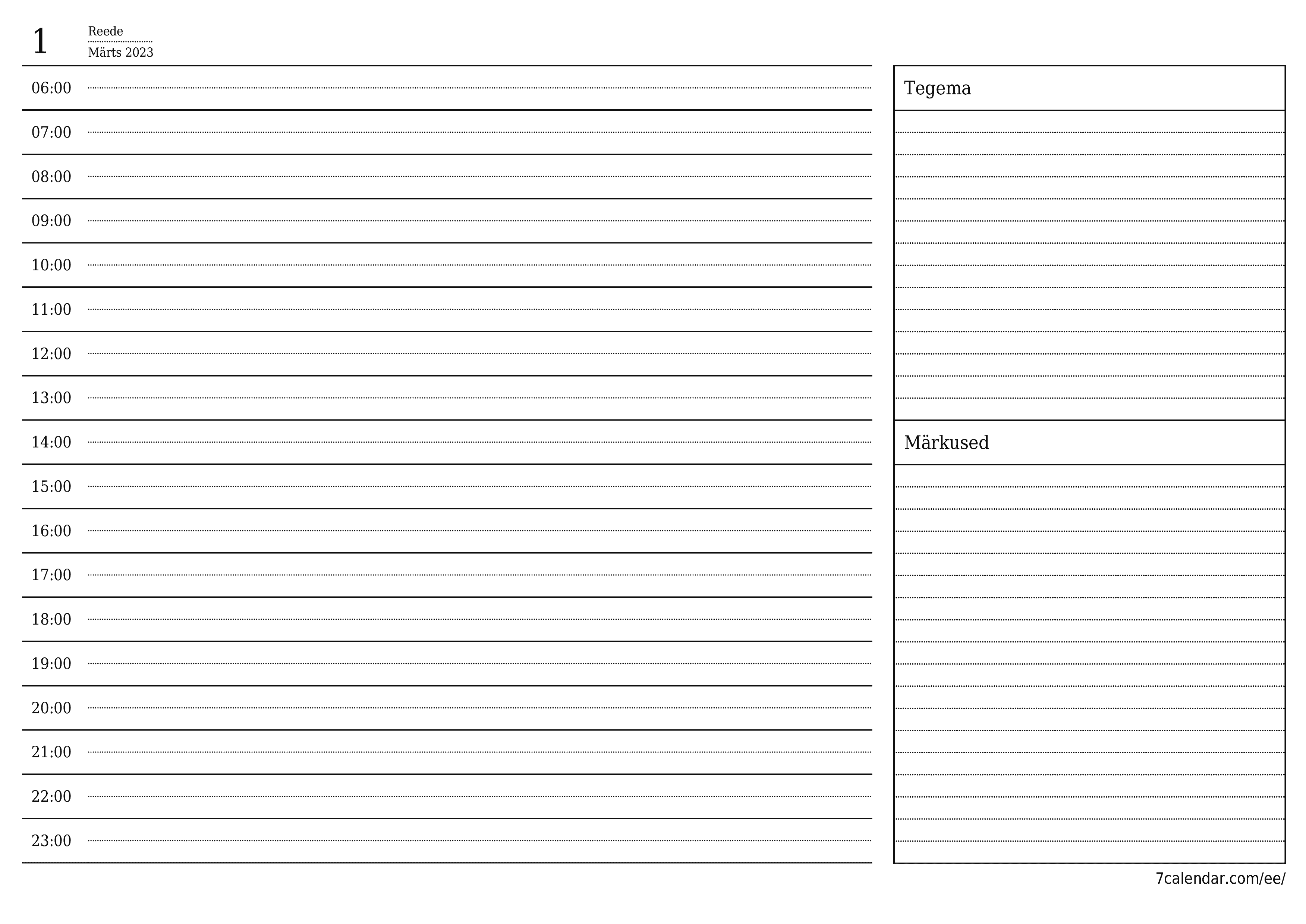 Tühjendage päevakava Märts 2023 märkmetega, salvestage ja printige PDF-i PNG Estonian