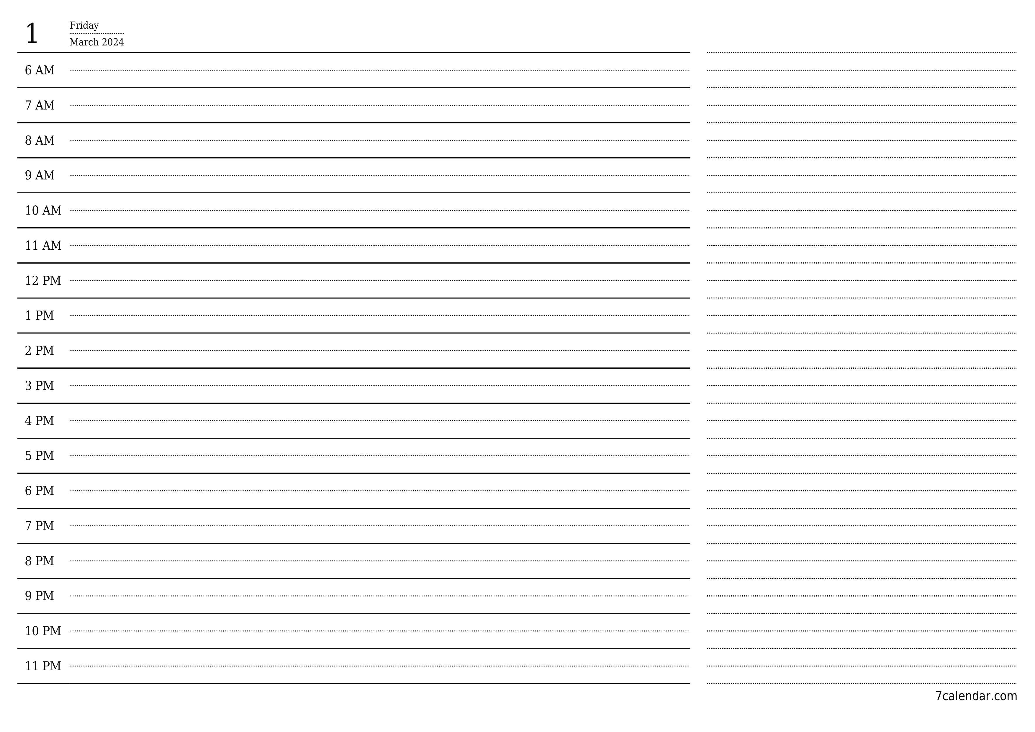 Blank daily printable calendar and planner for day March 2024 with notes, save and print to PDF PNG English
