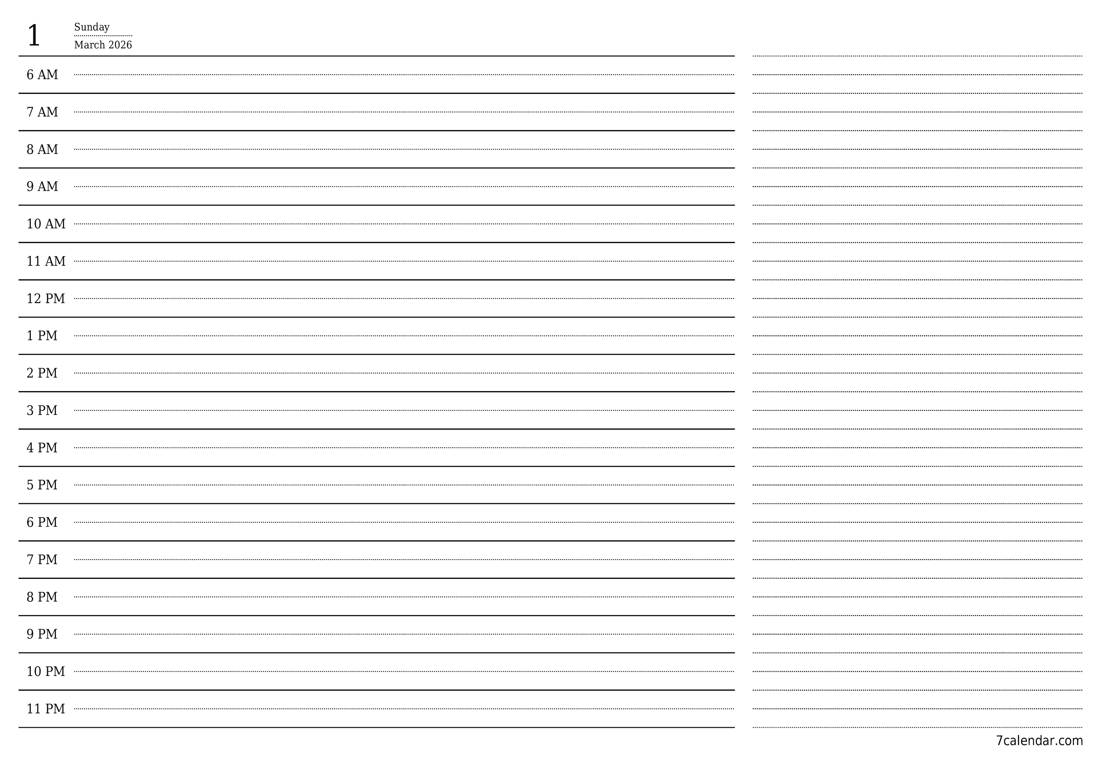 Blank daily printable calendar and planner for day March 2026 with notes, save and print to PDF PNG English