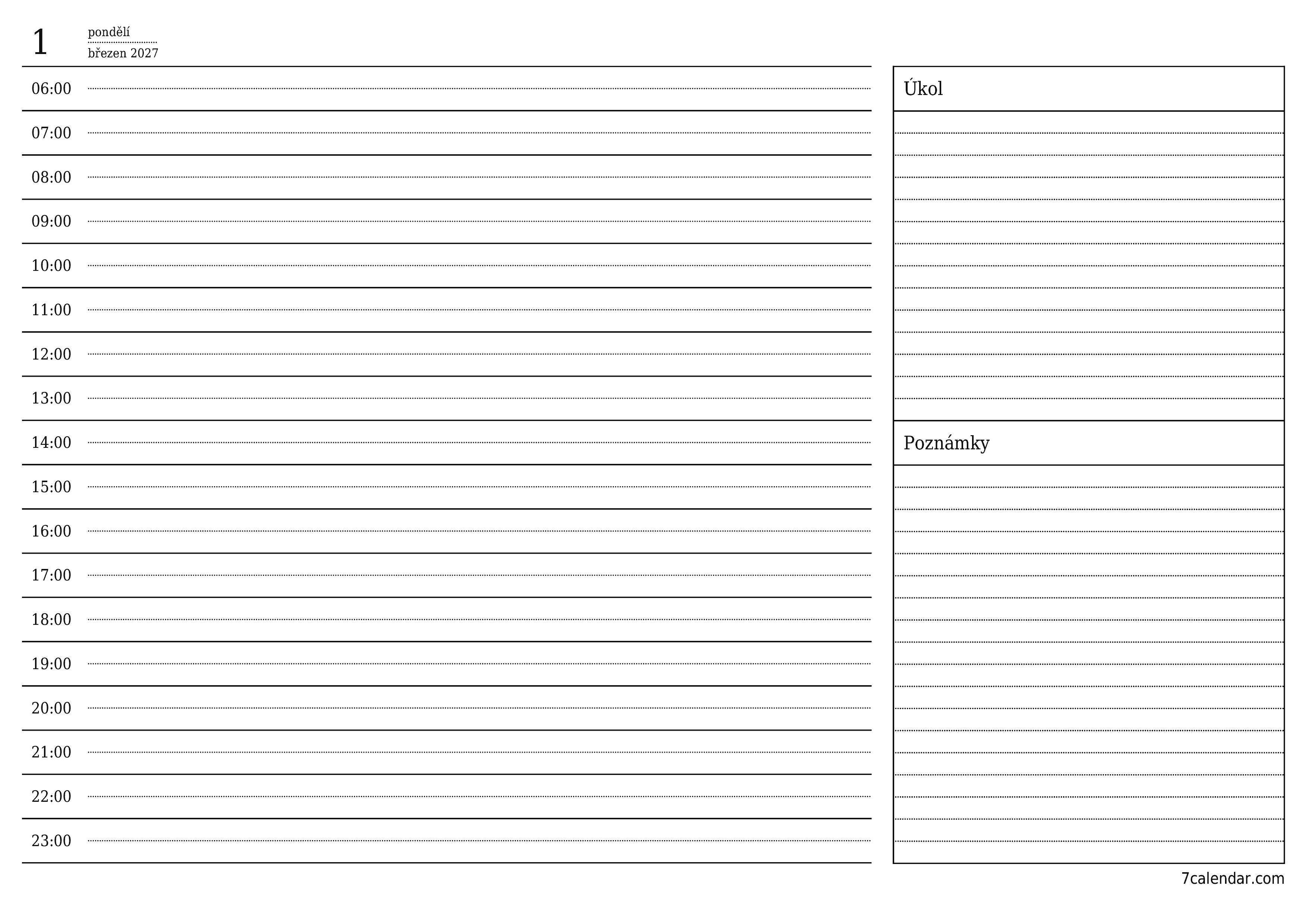 Prázdný denní plánovač na den březen 2027 s poznámkami, uložte a vytiskněte do PDF PNG Czech