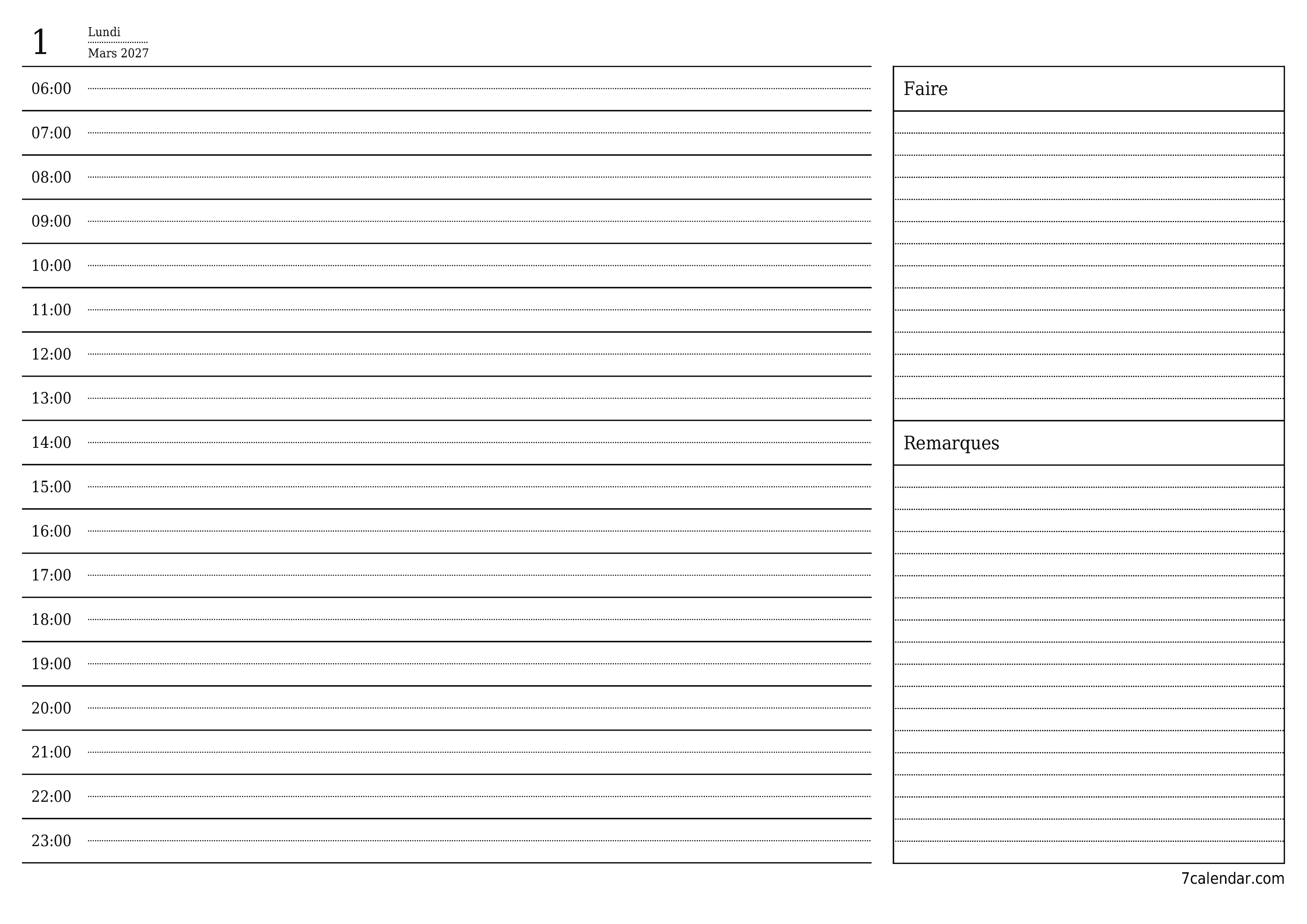 Agenda quotidien vide pour la journée Mars 2027 avec notes, enregistrez et imprimez au format PDF PNG French