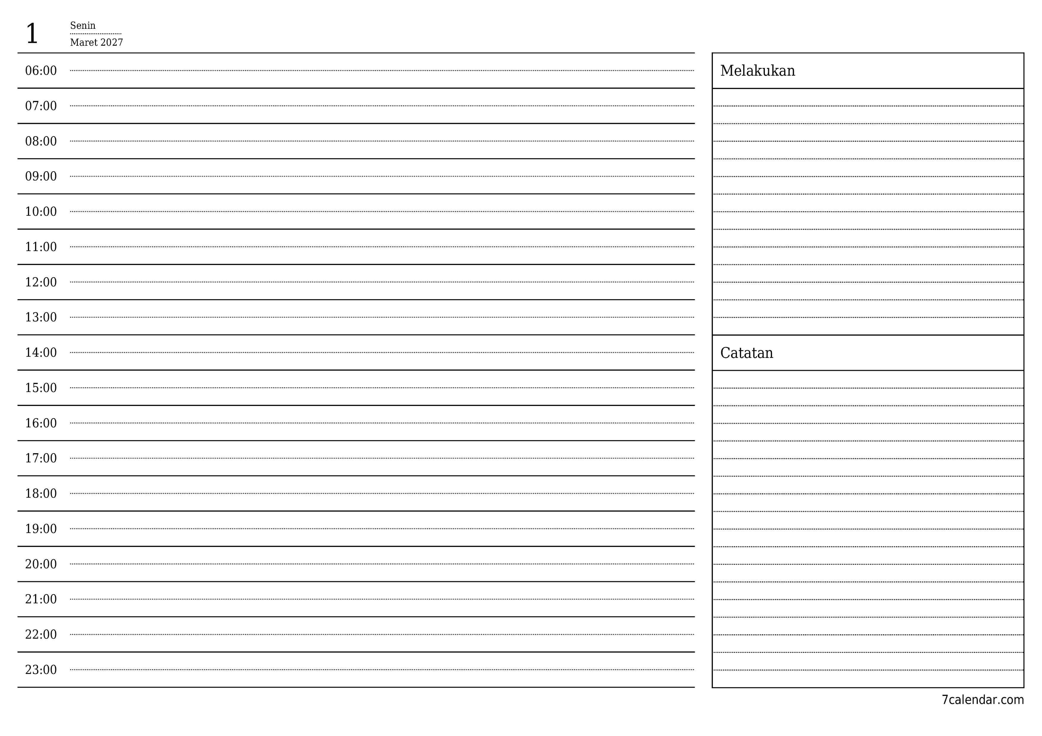 Kosongkan agenda harian untuk hari Maret 2027 dengan catatan, simpan dan cetak ke PDF PNG Indonesian