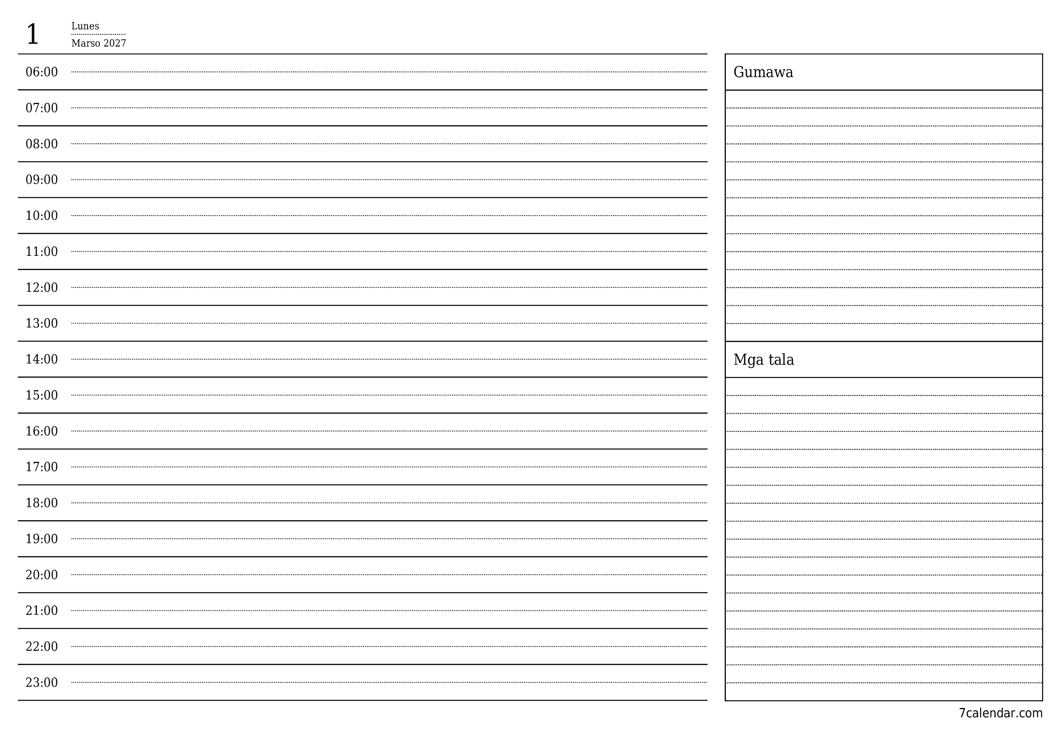 Walang laman araw-araw na tagaplano para sa araw na Marso 2027 na may mga tala, i-save at i-print sa PDF PNG Filipino