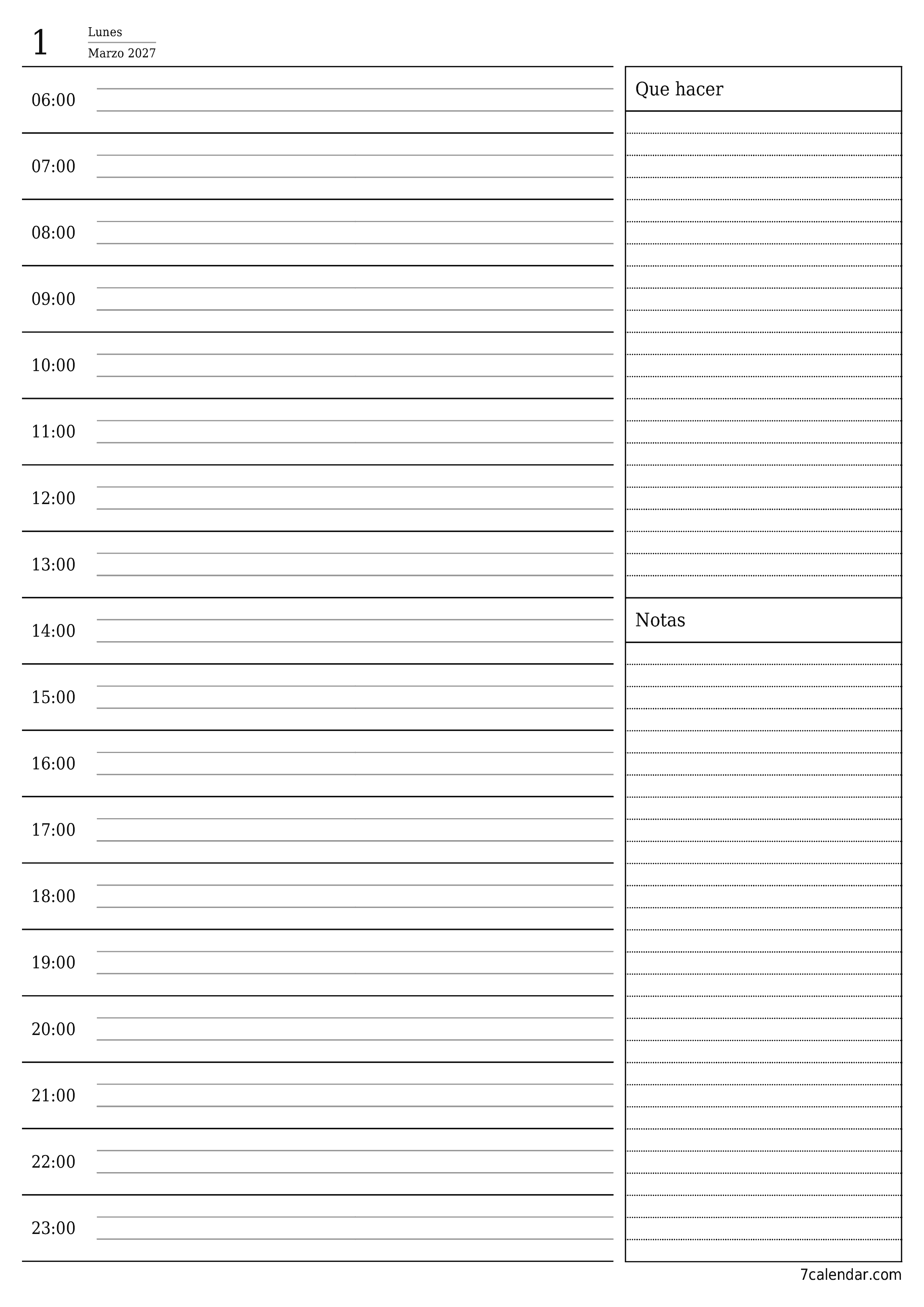 Planificador diario vacío para el día Marzo 2027 con notas, guardar e imprimir en PDF PNG Spanish