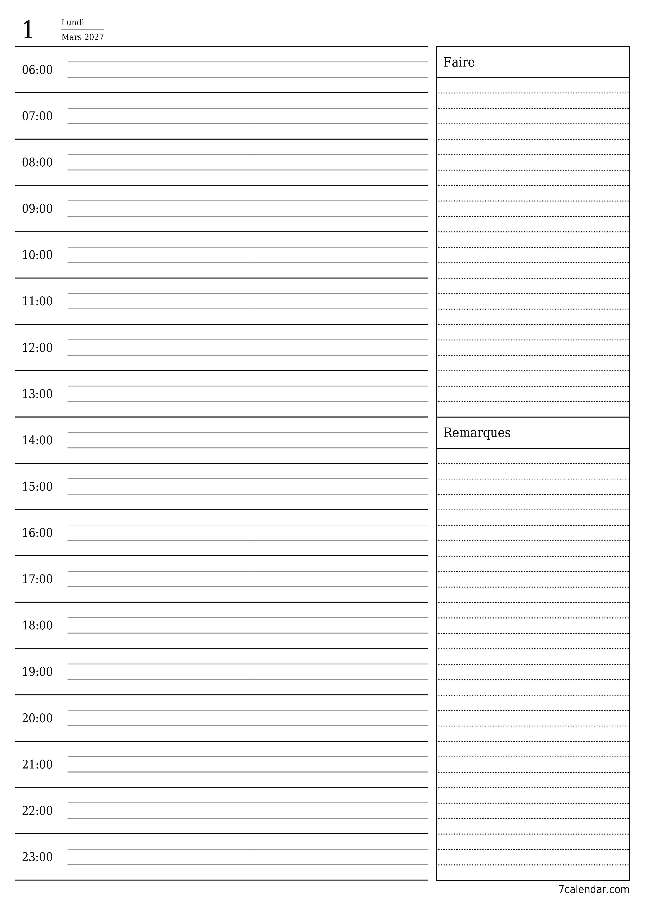 Agenda quotidien vide pour la journée Mars 2027 avec notes, enregistrez et imprimez au format PDF PNG French