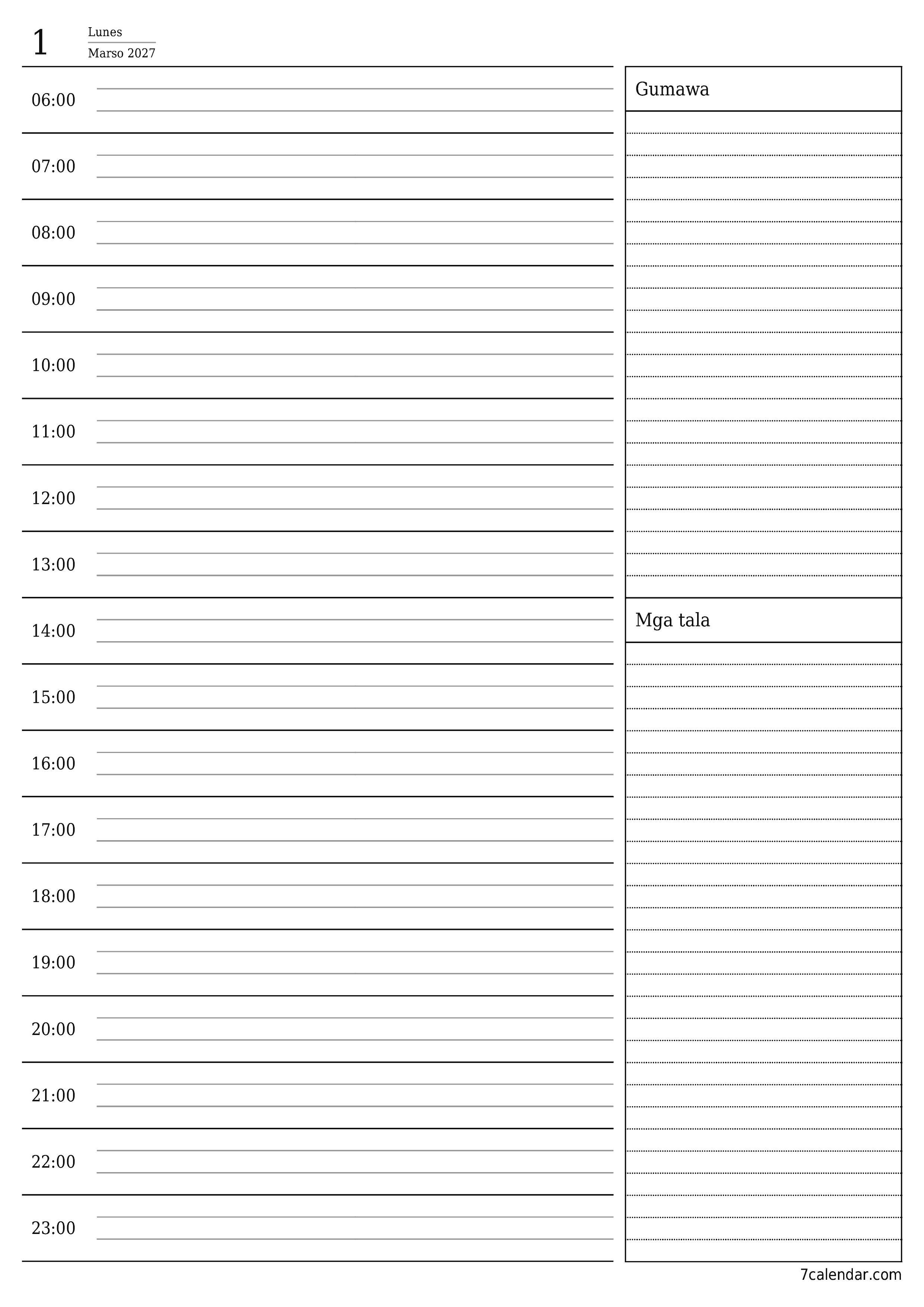 Walang laman araw-araw na tagaplano para sa araw na Marso 2027 na may mga tala, i-save at i-print sa PDF PNG Filipino