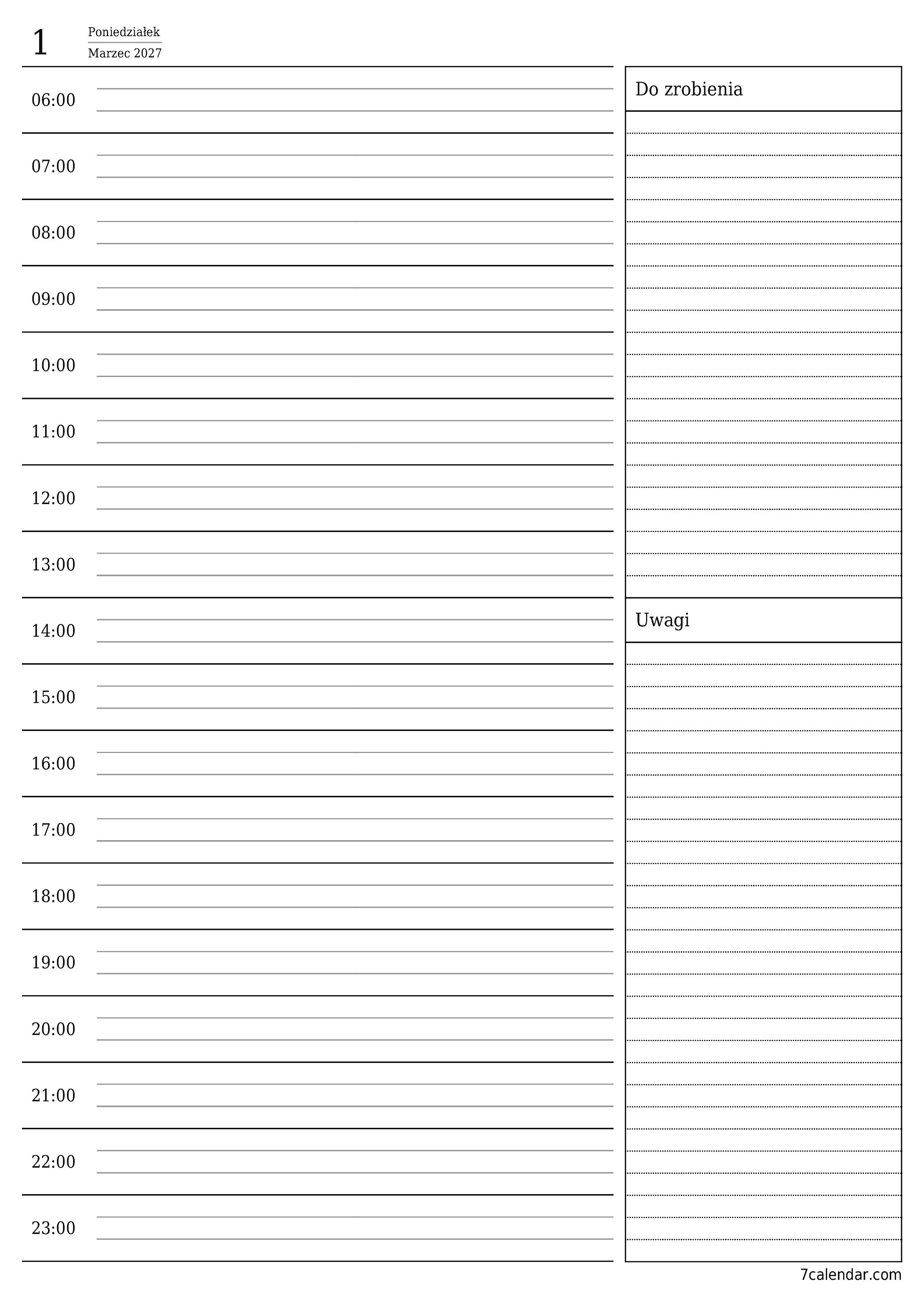 Opróżnij planer dzienny na dzień Marzec 2027 z notatkami, zapisz i wydrukuj w formacie PDF PNG Polish