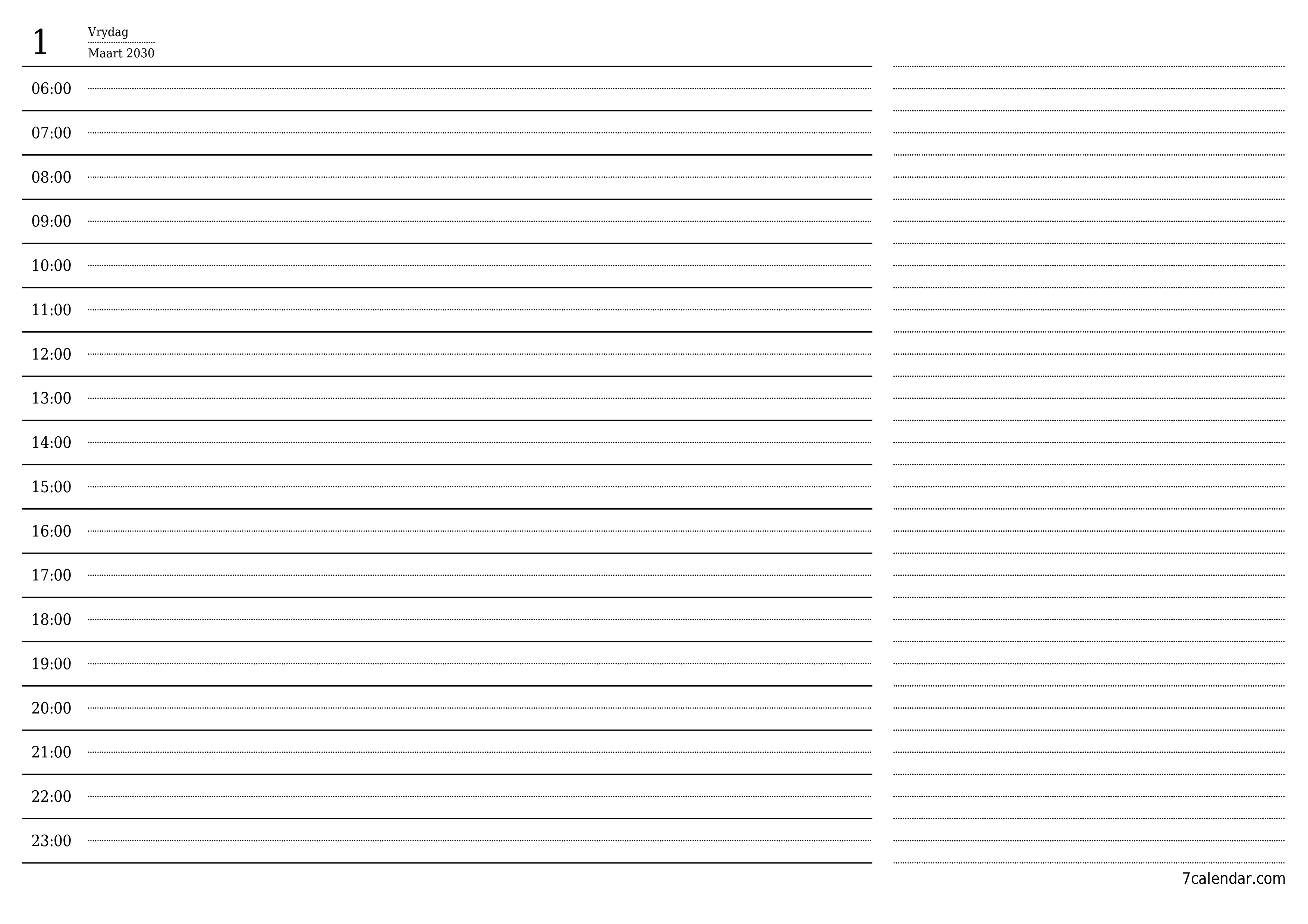 Leë daaglikse drukbare kalender en beplanner vir dag Maart 2030 met notas, stoor en druk na PDF PNG Afrikaans