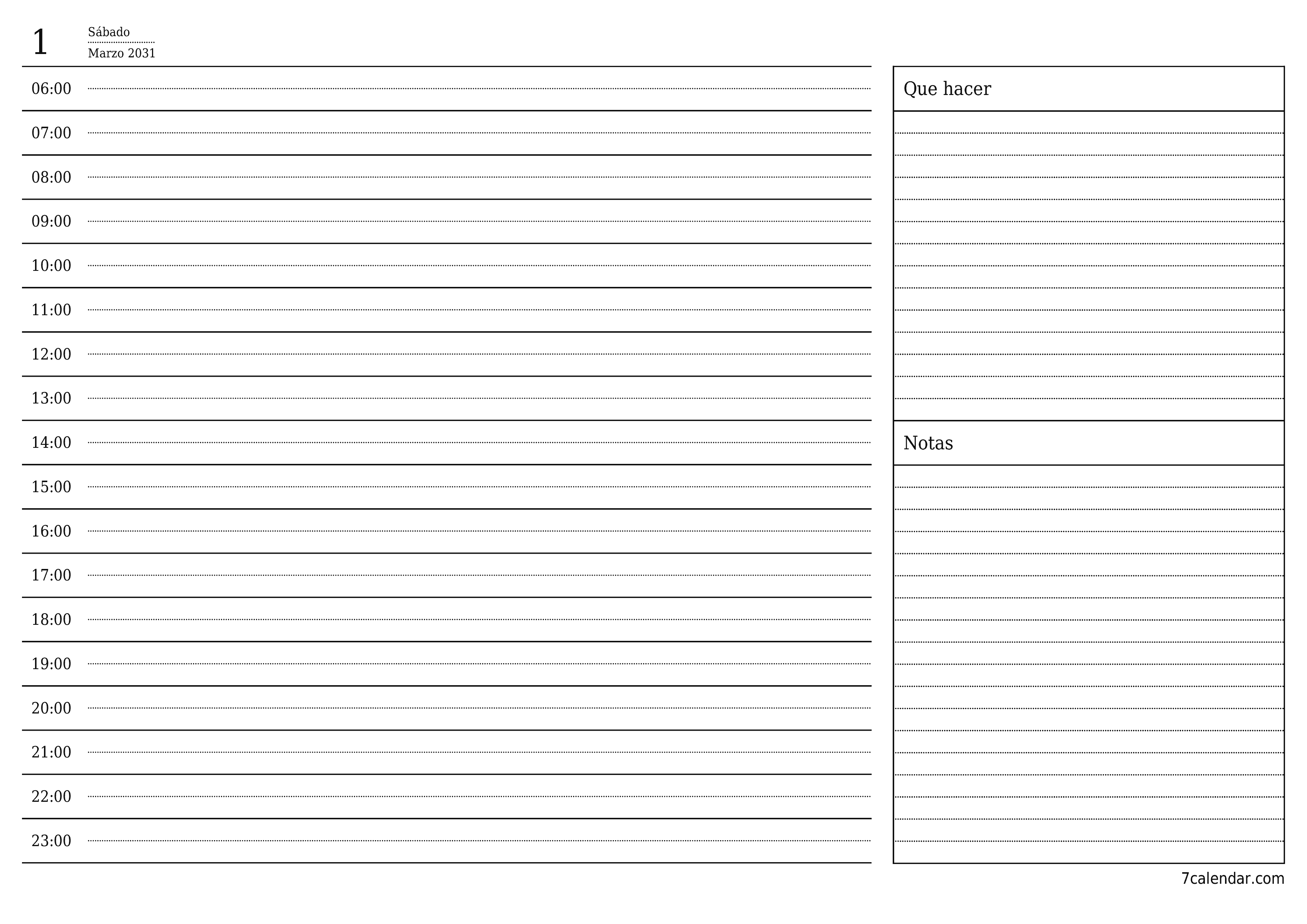 Planificador diario vacío para el día Marzo 2031 con notas, guardar e imprimir en PDF PNG Spanish