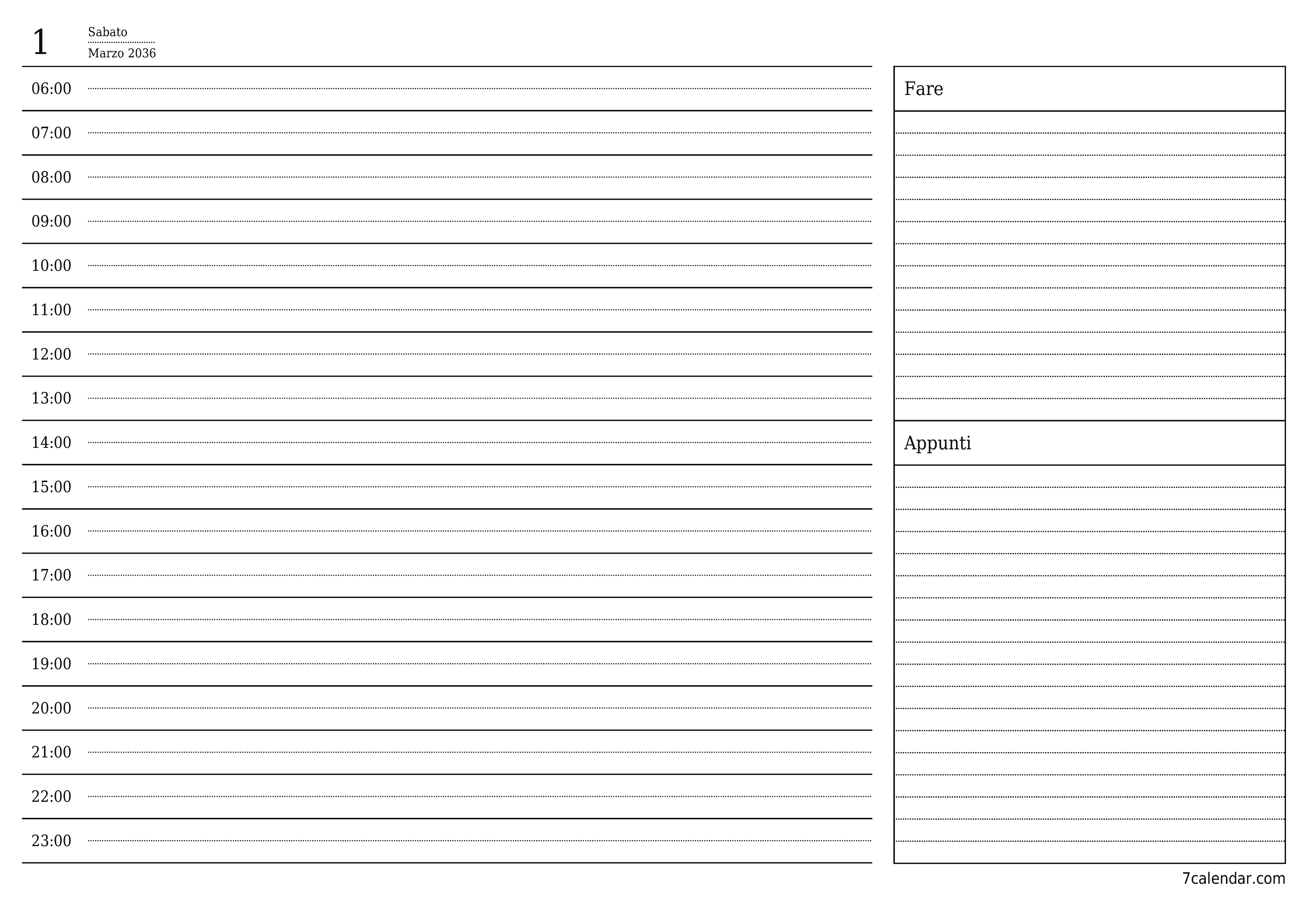 Agenda giornaliera vuota Marzo 2036 con note, salva e stampa in PDF PNG Italian