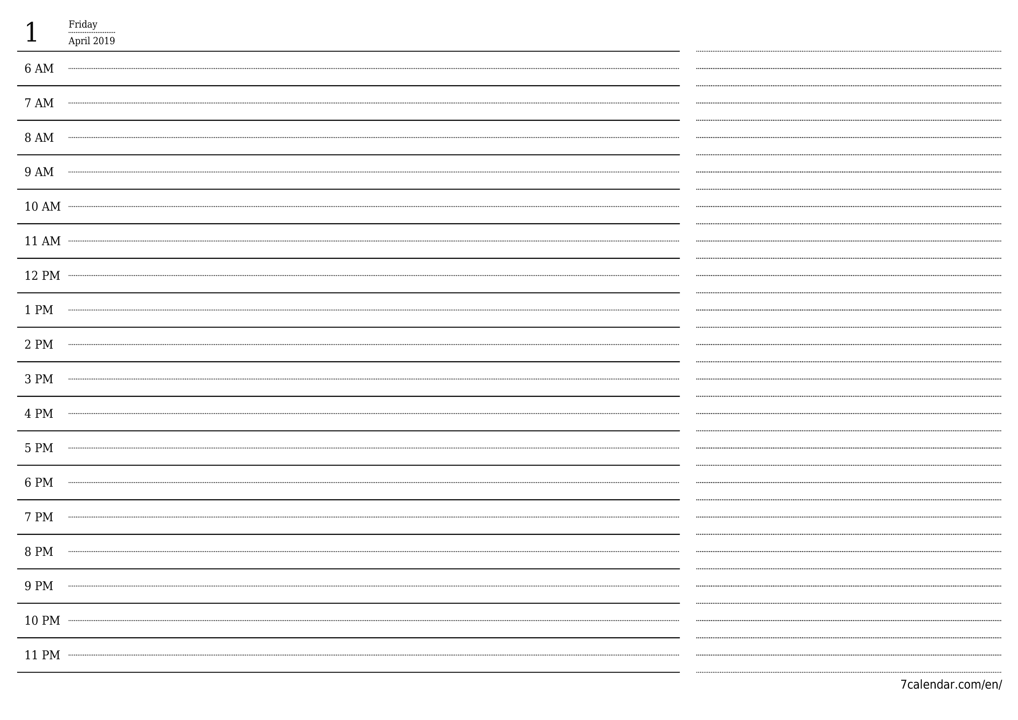 printable wall template free horizontal Daily planner calendar April (Apr) 2019