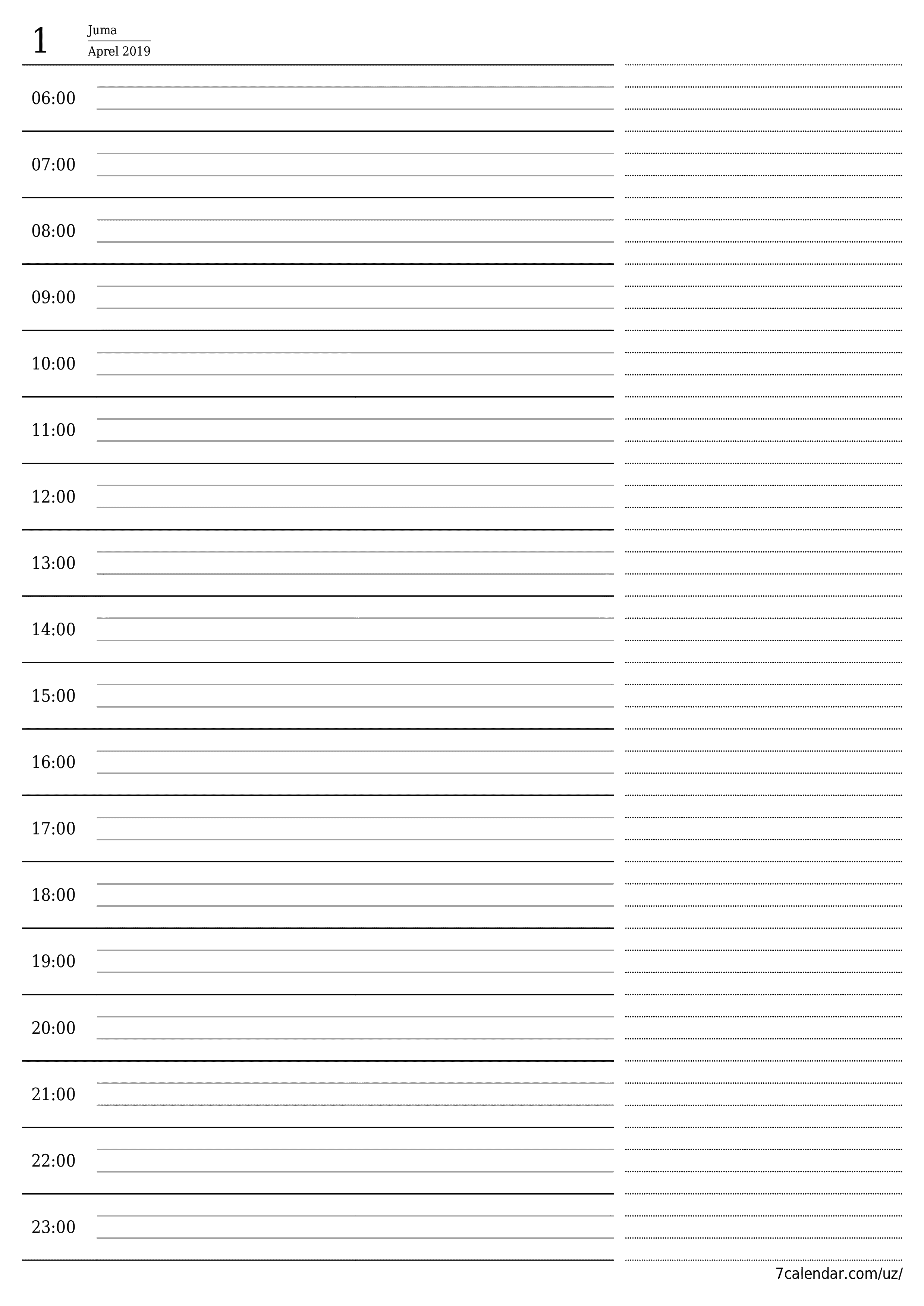 Aprel 2019 kunlik kunlik rejalashtiruvchini yozuvlari bilan bo'shatish, saqlash va PDF-ga chop etish PNG Uzbek