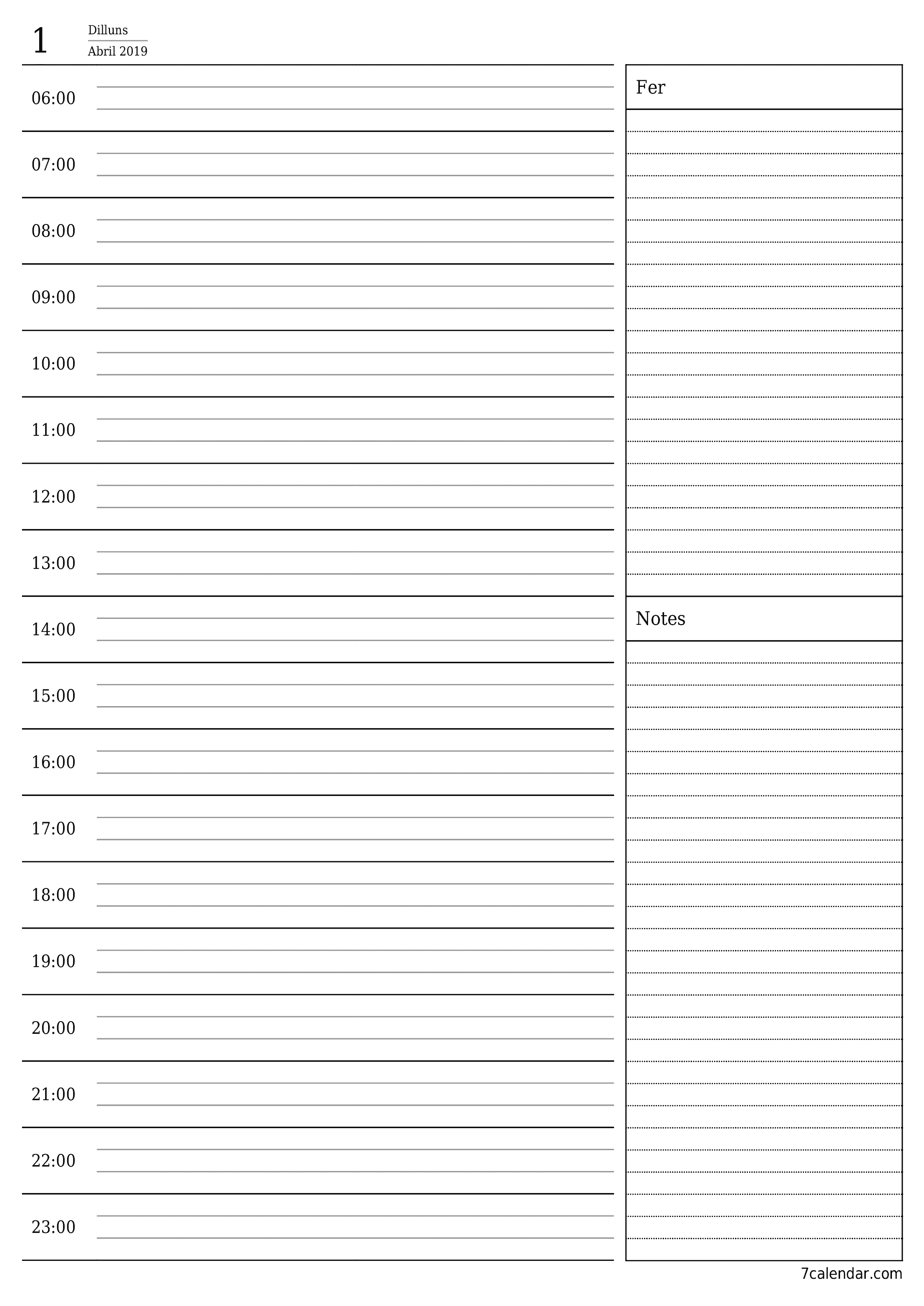 Un planificador diari buit del dia Abril 2019 amb notes, deseu-lo i imprimiu-lo en format PDF PNG Catalan