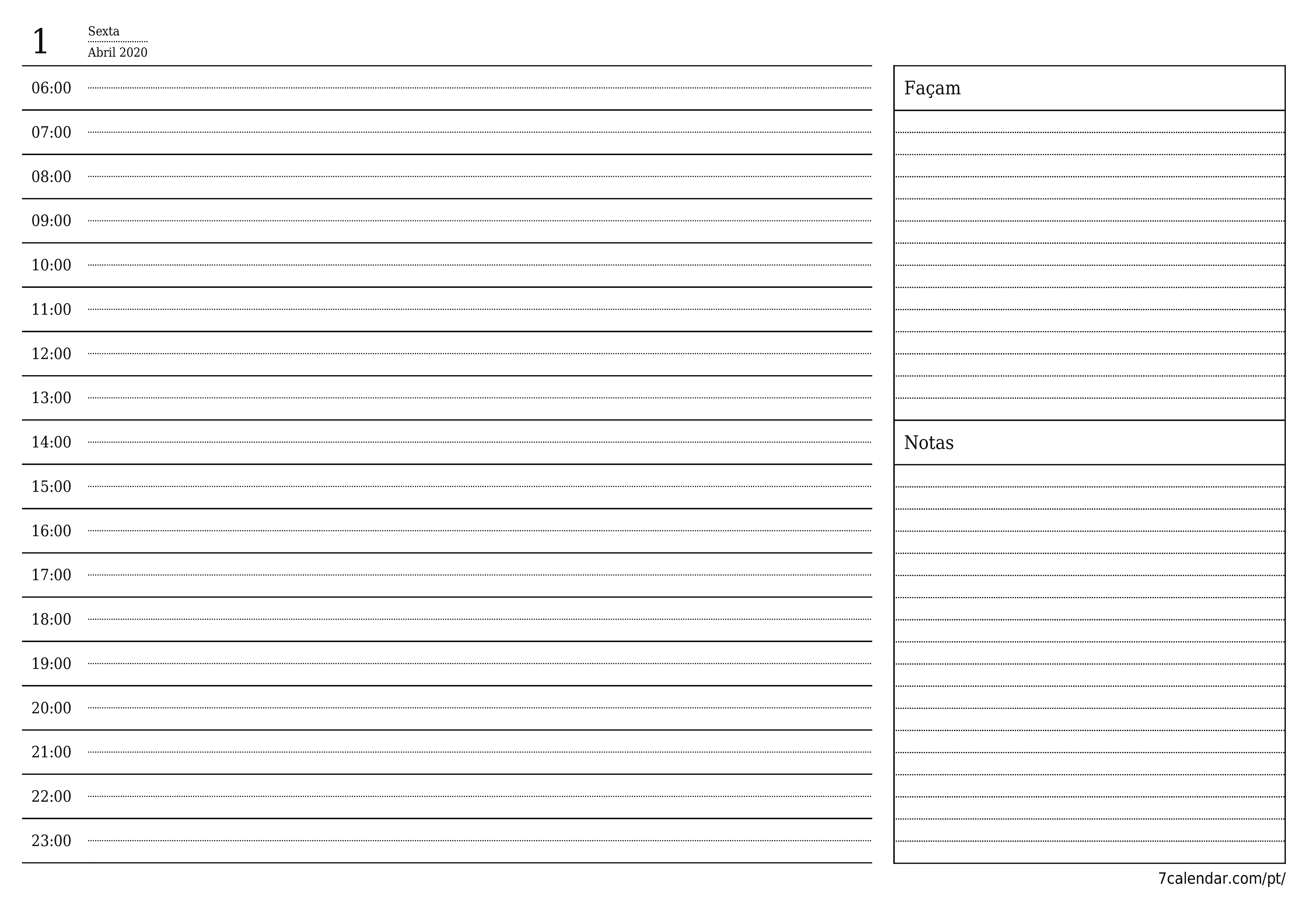 Esvazie o planejador diário para o dia Abril 2020 com notas, salve e imprima em PDF PNG Portuguese