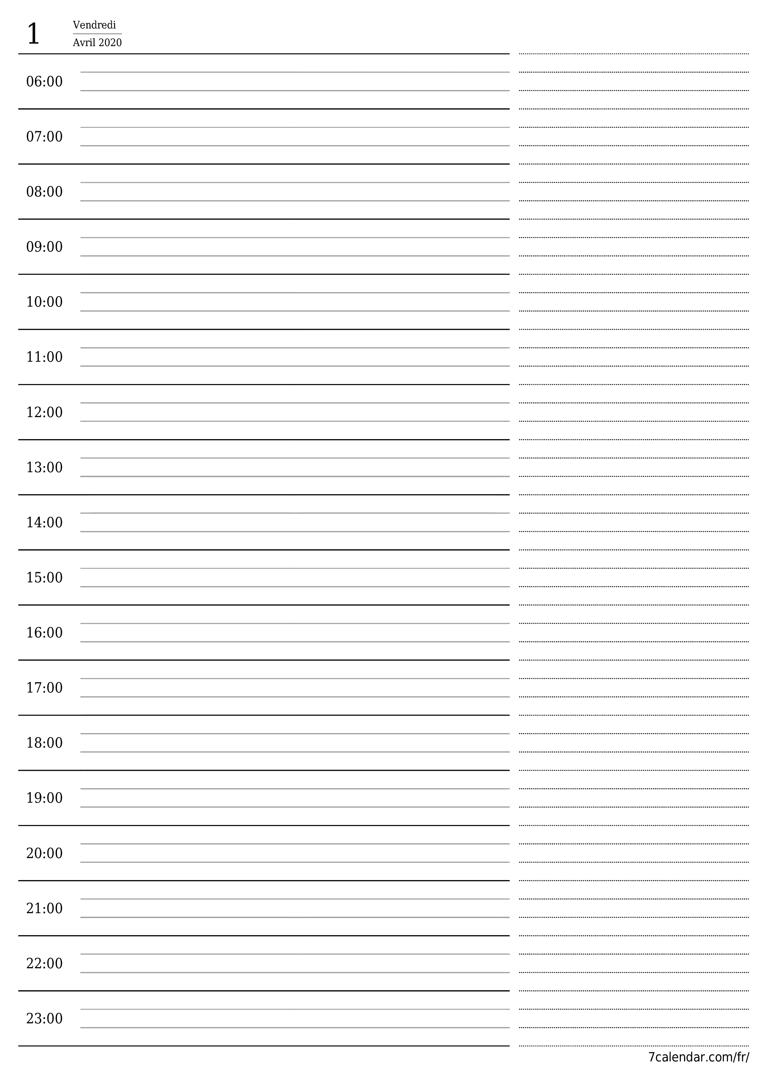 Agenda quotidien vide pour la journée Avril 2020 avec notes, enregistrez et imprimez au format PDF PNG French