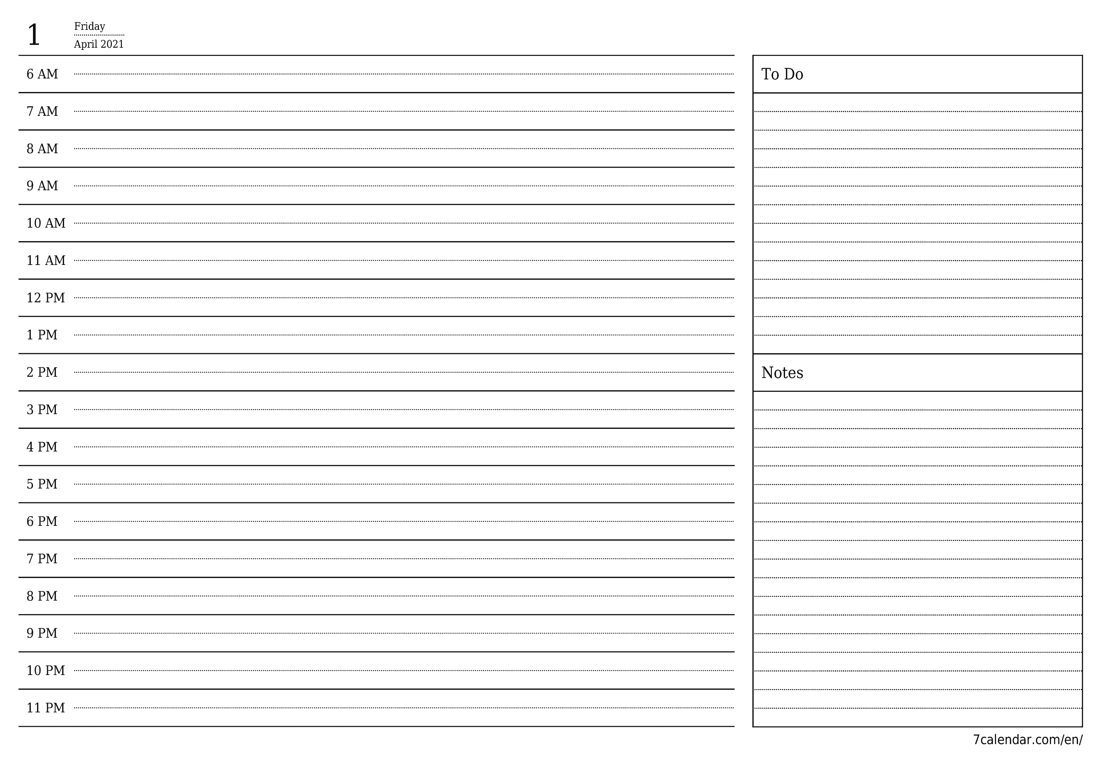 Blank daily printable calendar and planner for day April 2021 with notes, save and print to PDF PNG English