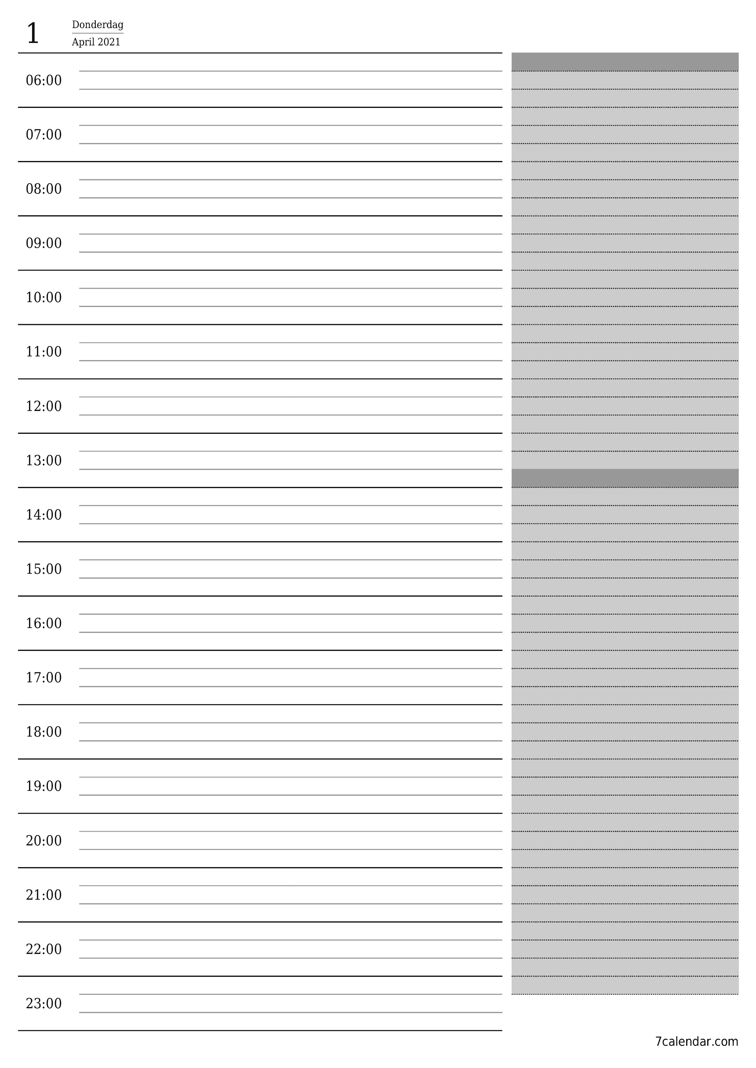 Leë daaglikse drukbare kalender en beplanner vir dag April 2021 met notas, stoor en druk na PDF PNG Afrikaans