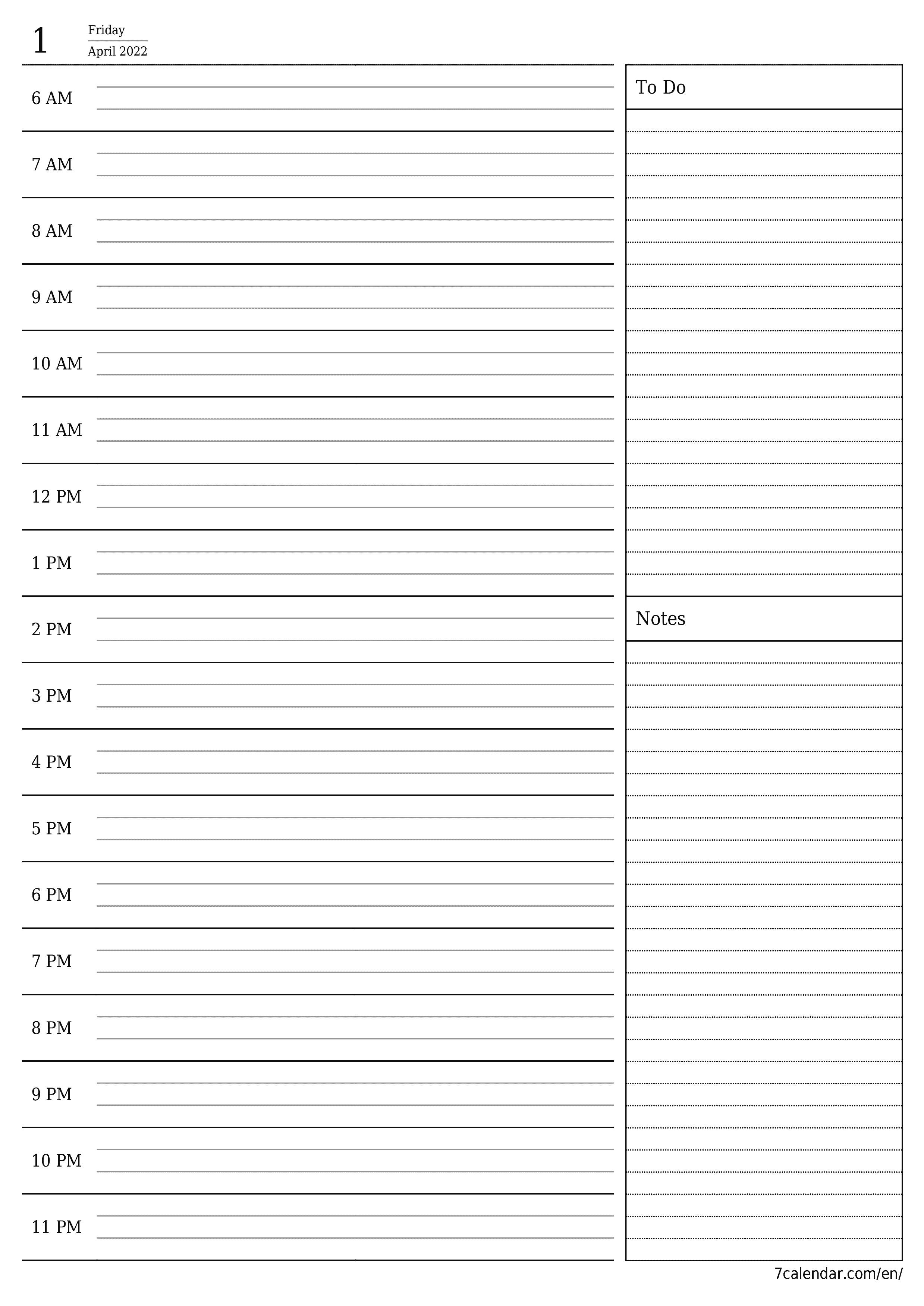 Blank daily printable calendar and planner for day April 2022 with notes, save and print to PDF PNG English - 7calendar.com