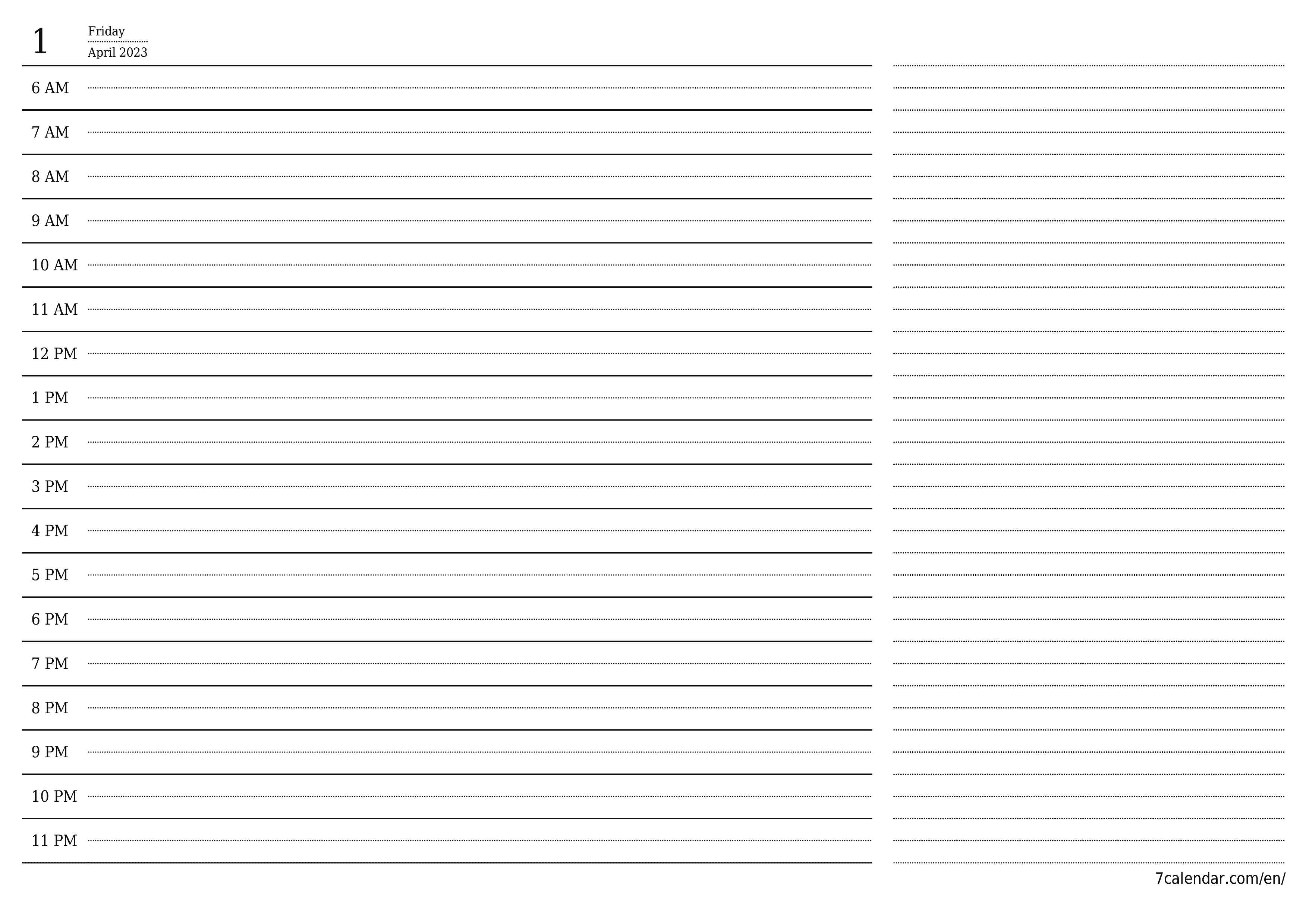 Blank daily printable calendar and planner for day April 2023 with notes, save and print to PDF PNG English