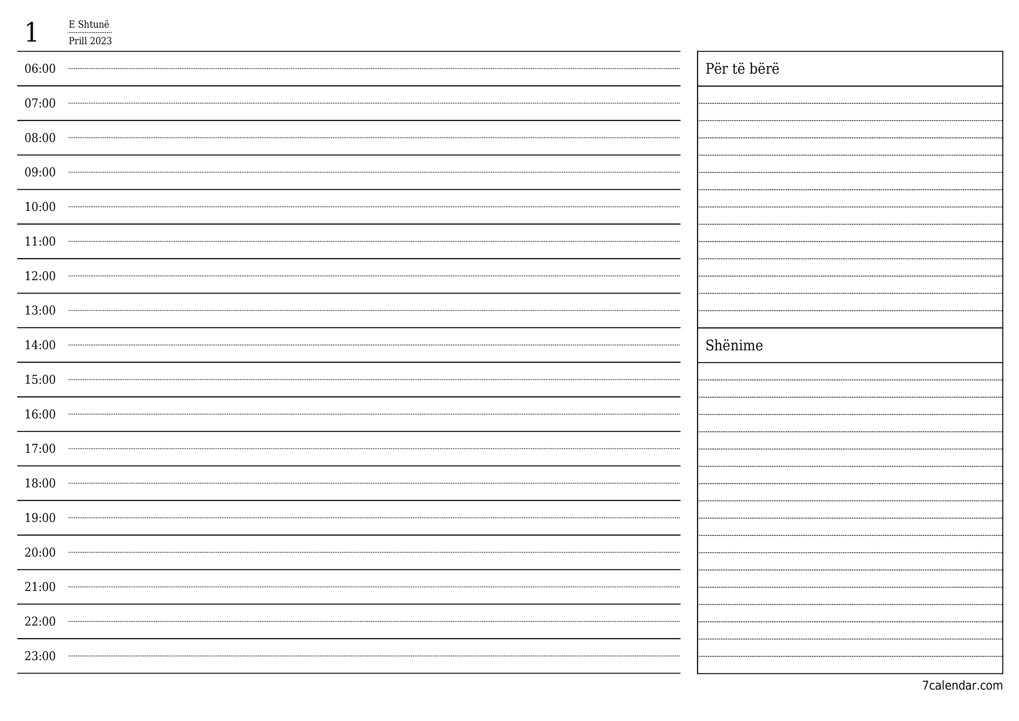 Planifikuesi bosh i kalendarit ditor për ditën Prill 2023 me shënime, ruani dhe printoni në PDF PNG Albanian