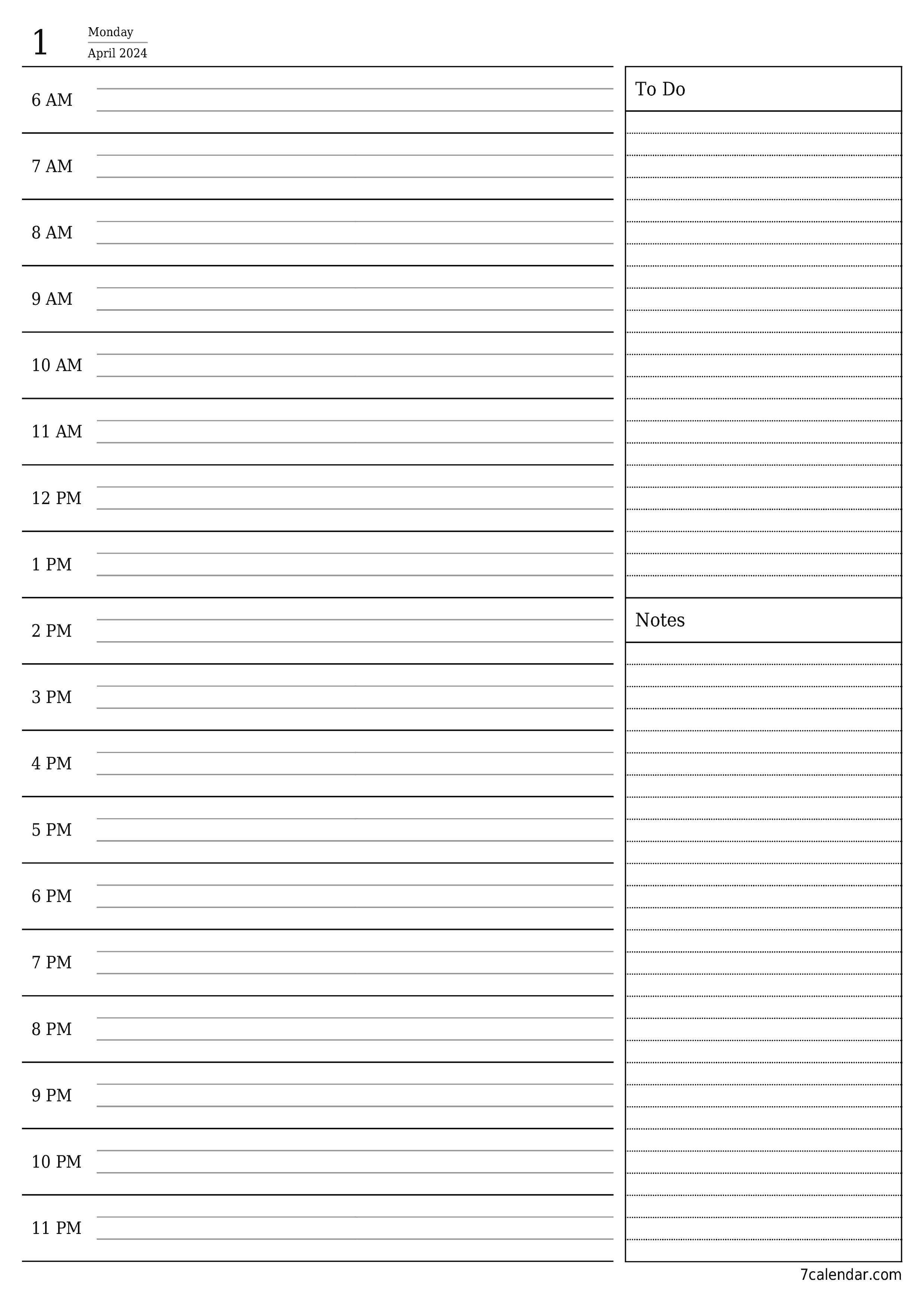 Blank daily printable calendar and planner for day April 2024 with notes, save and print to PDF PNG English