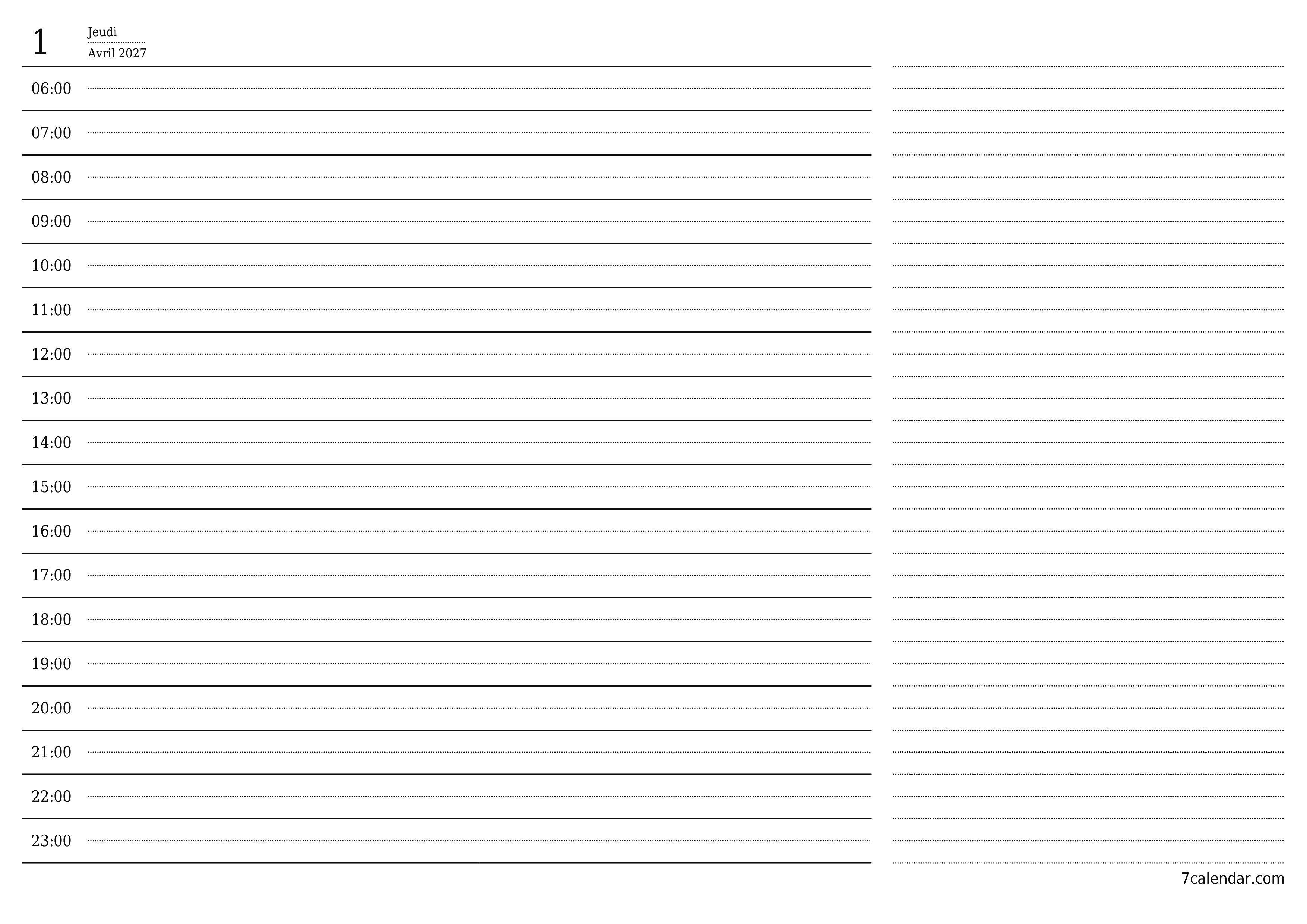 Agenda quotidien vide pour la journée Avril 2027 avec notes, enregistrez et imprimez au format PDF PNG French