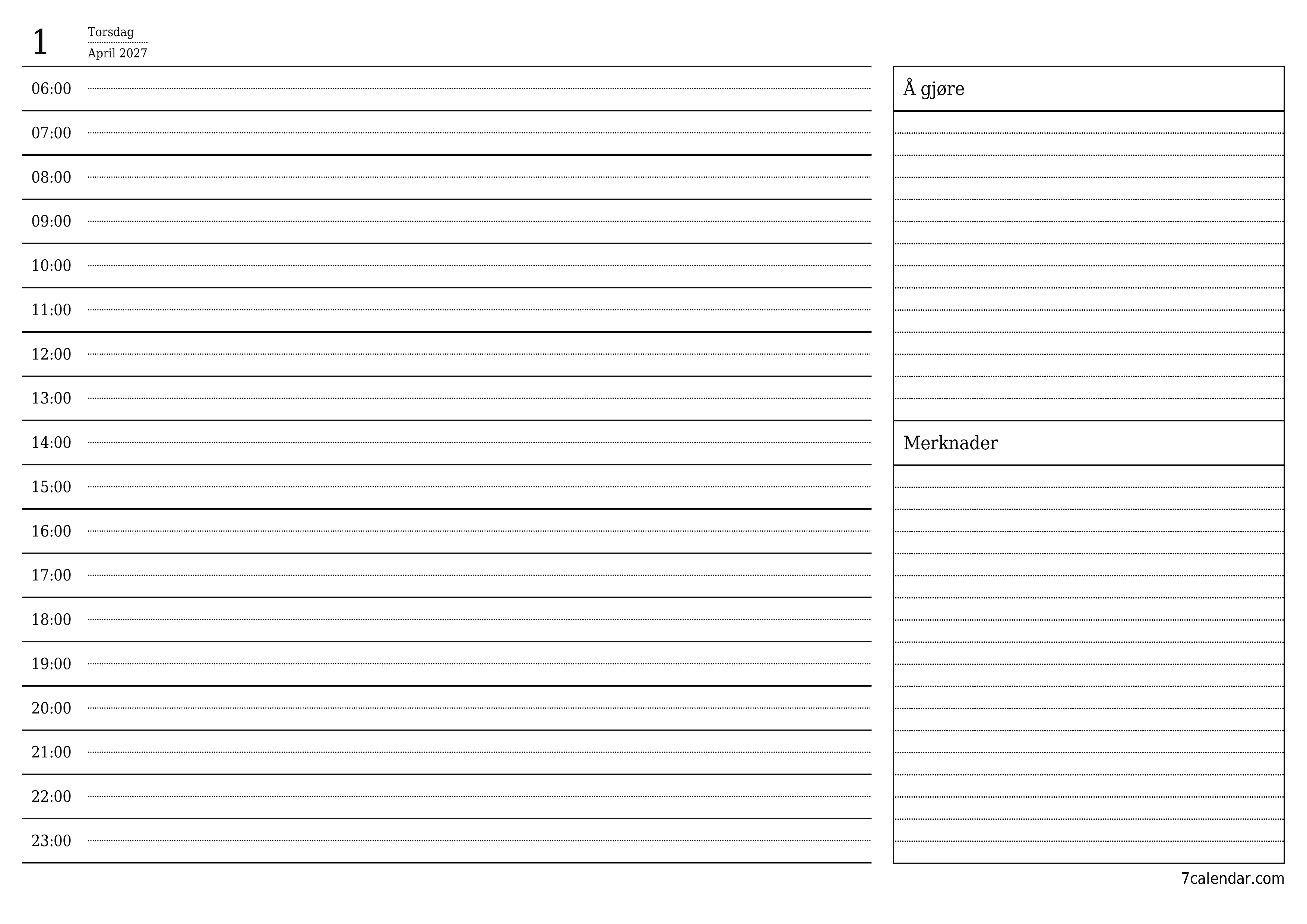 Tøm daglig planlegger for dag April 2027 med notater, lagre og skriv ut til PDF PNG Norwegian