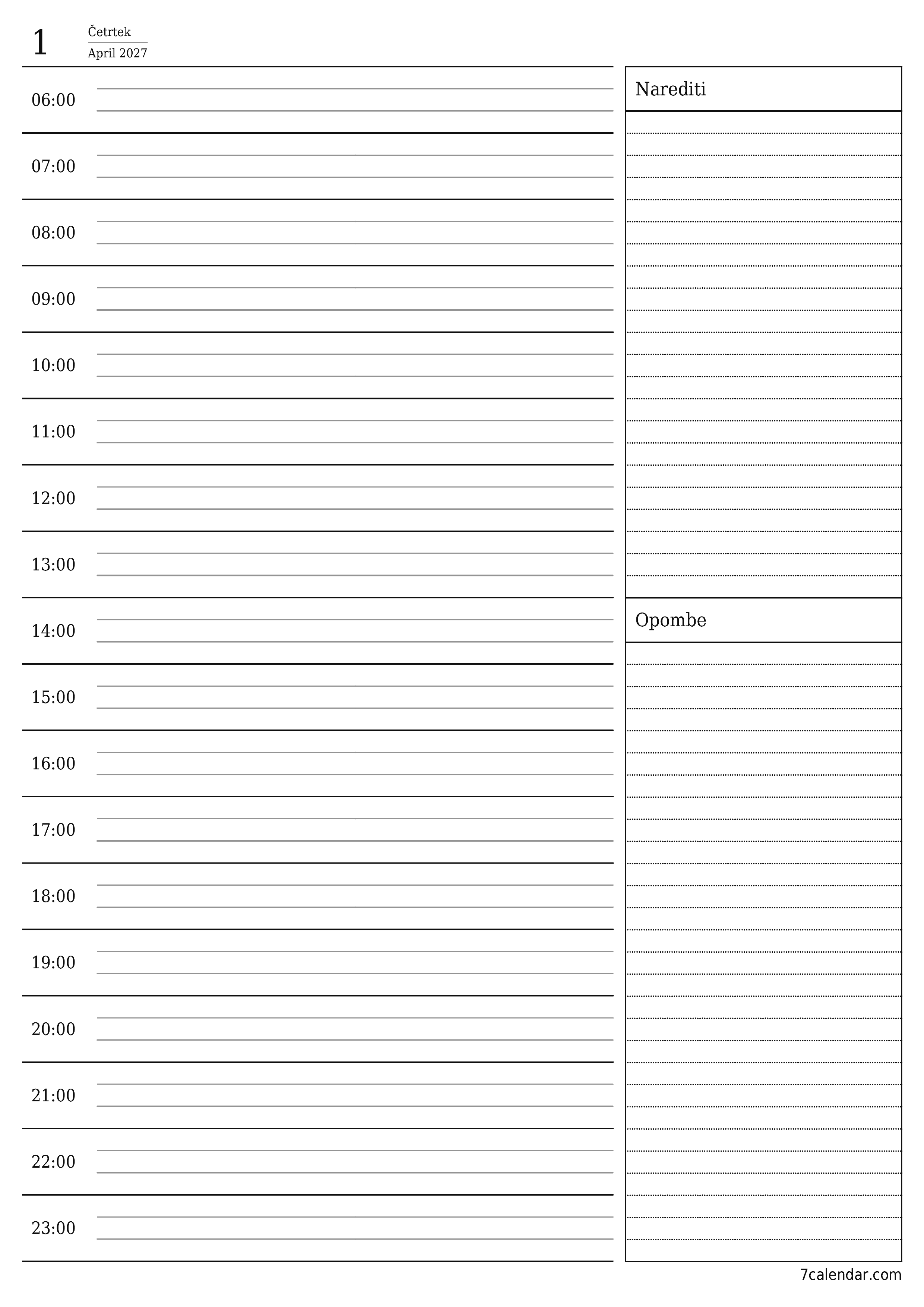 Prazen dnevni koledarski načrtovalec za dan April 2027 z opombami, natisnjenimi v PDF PNG Slovenian