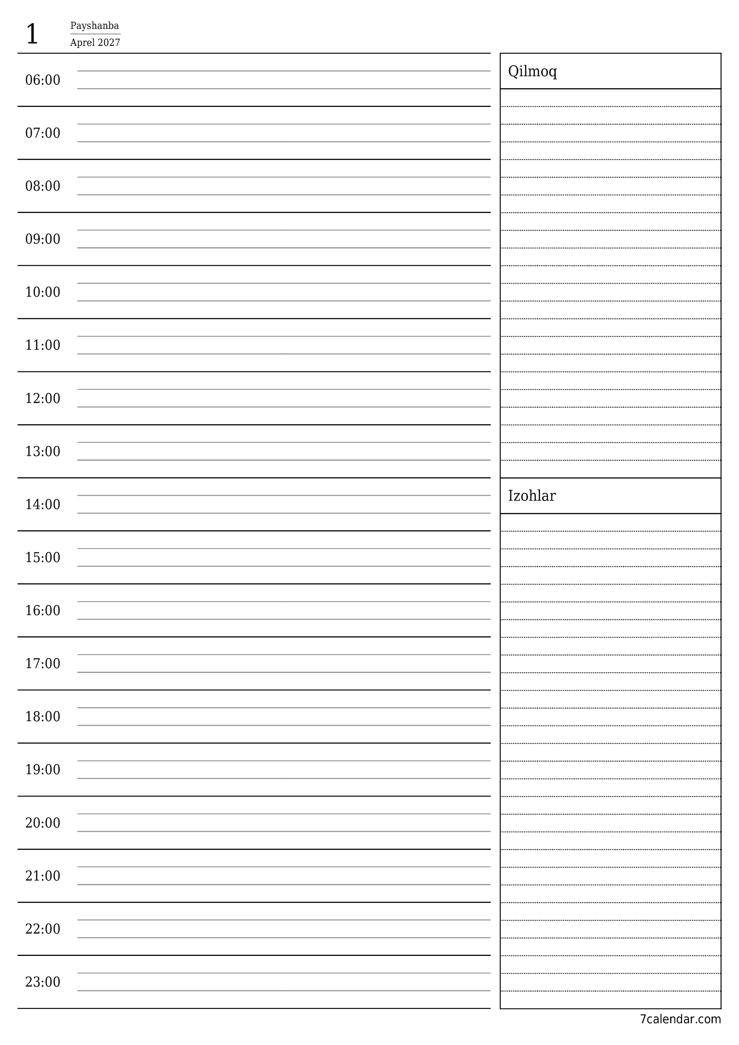 Aprel 2027 kunlik kunlik rejalashtiruvchini yozuvlari bilan bo'shatish, saqlash va PDF-ga chop etish PNG Uzbek