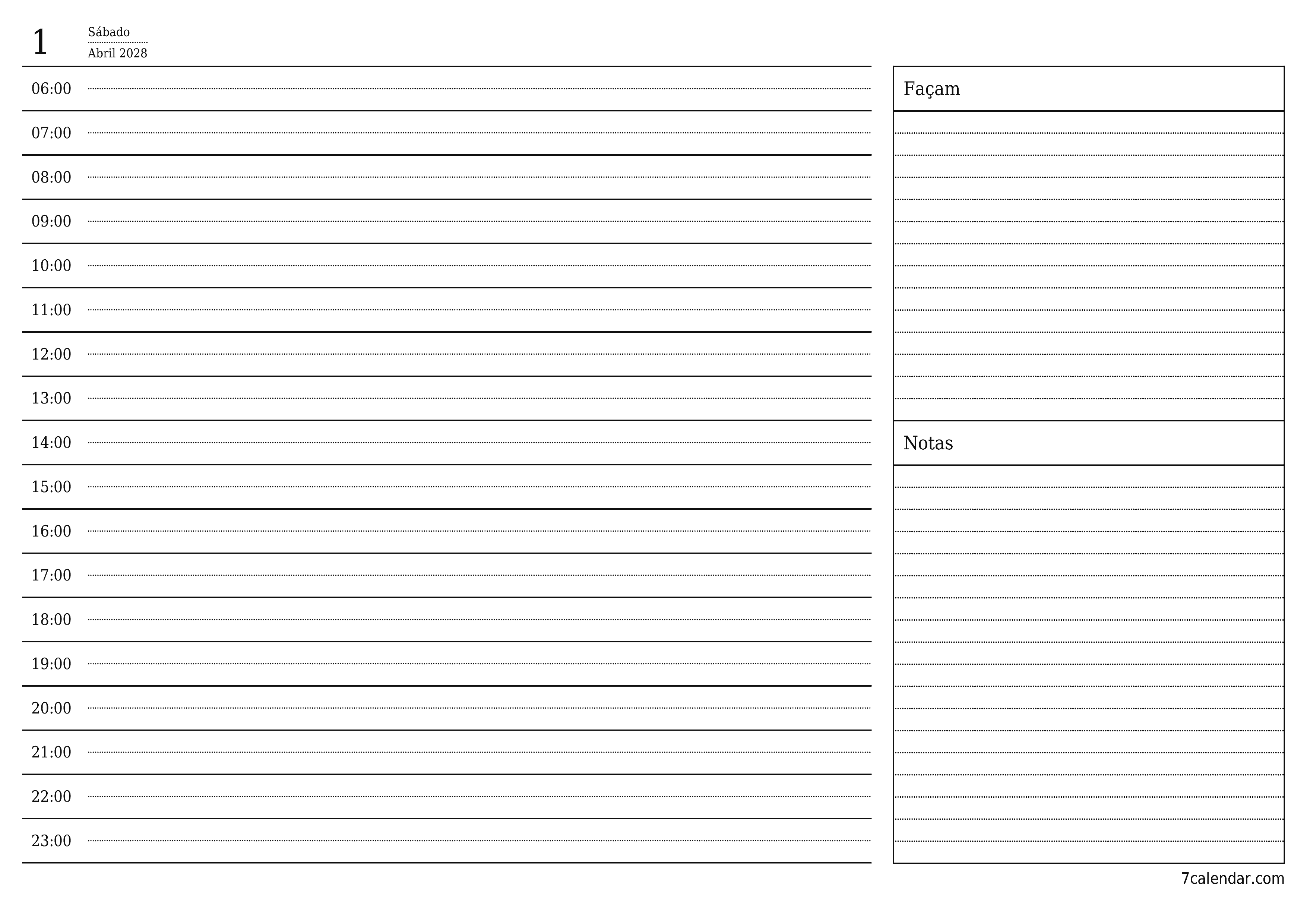 Esvazie o planejador diário para o dia Abril 2028 com notas, salve e imprima em PDF PNG Portuguese