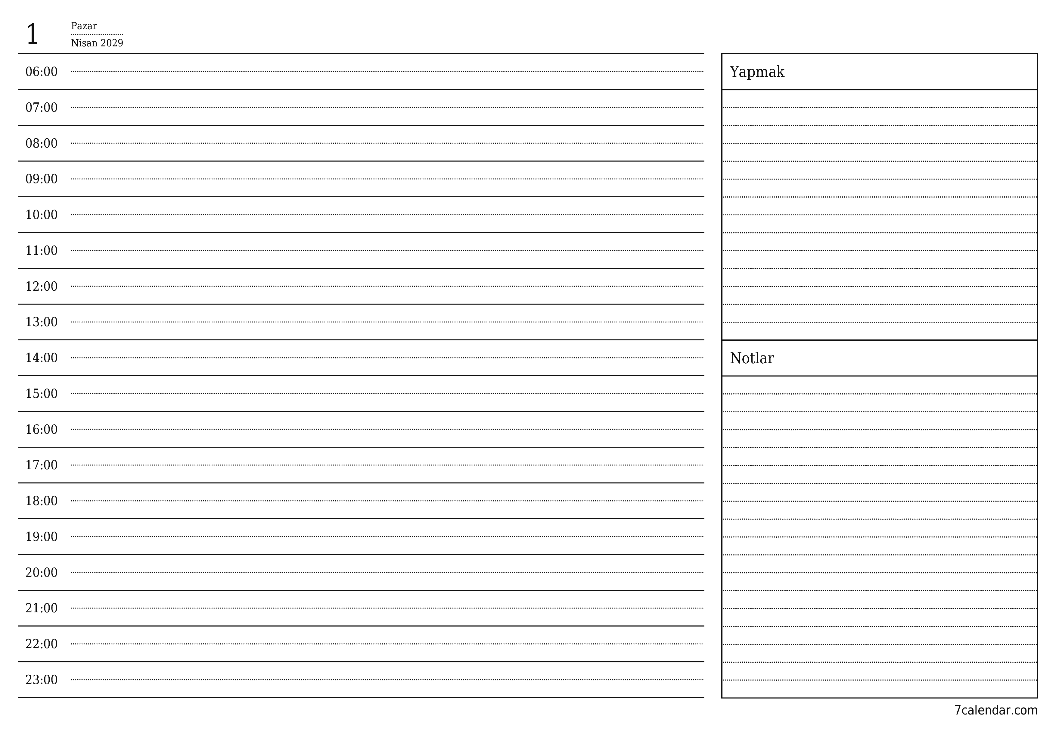 Notlarla Nisan 2029 günü için boş günlük planlayıcı, kaydedin ve PDF'ye yazdırın PNG Turkish