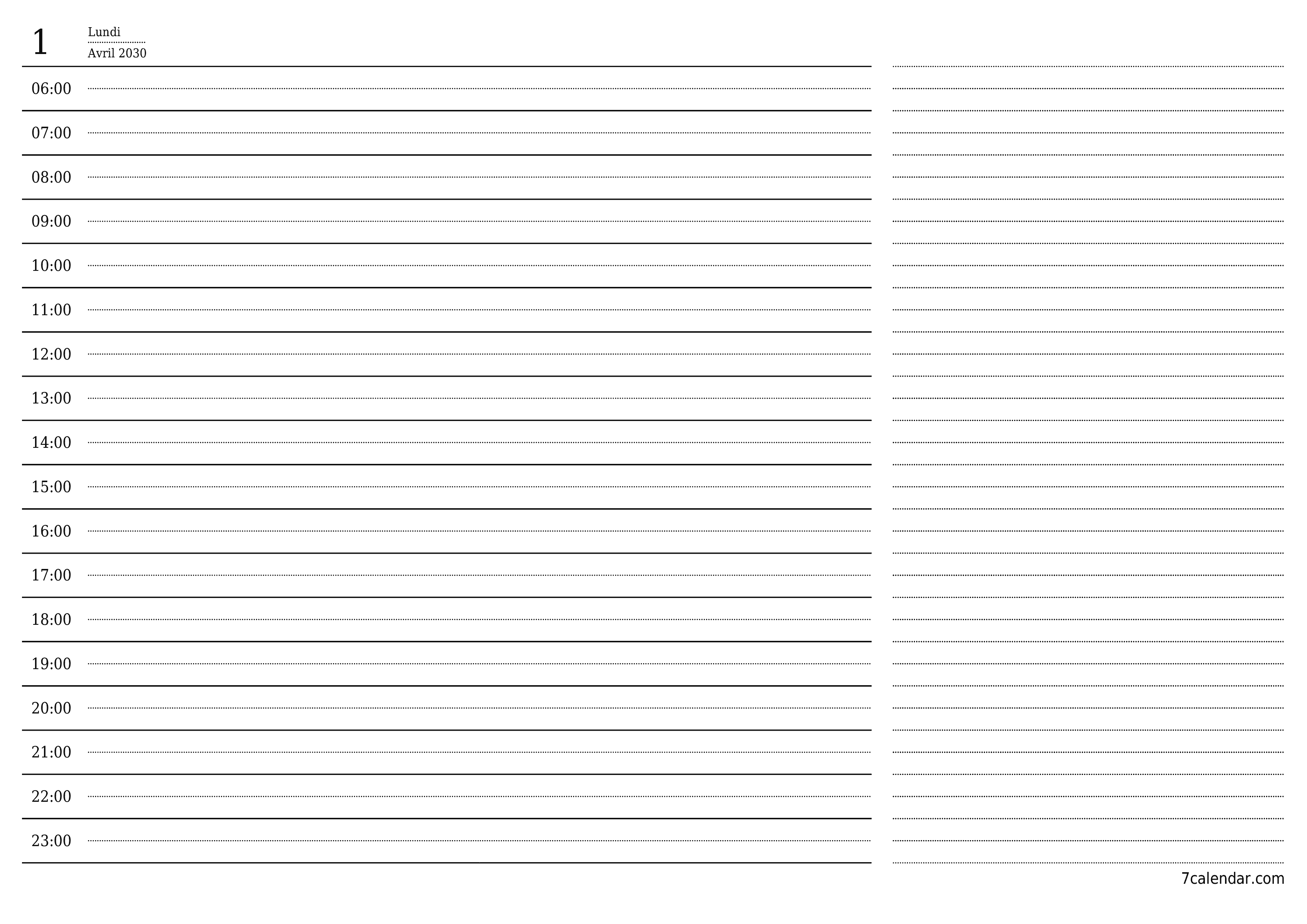 Agenda quotidien vide pour la journée Avril 2030 avec notes, enregistrez et imprimez au format PDF PNG French
