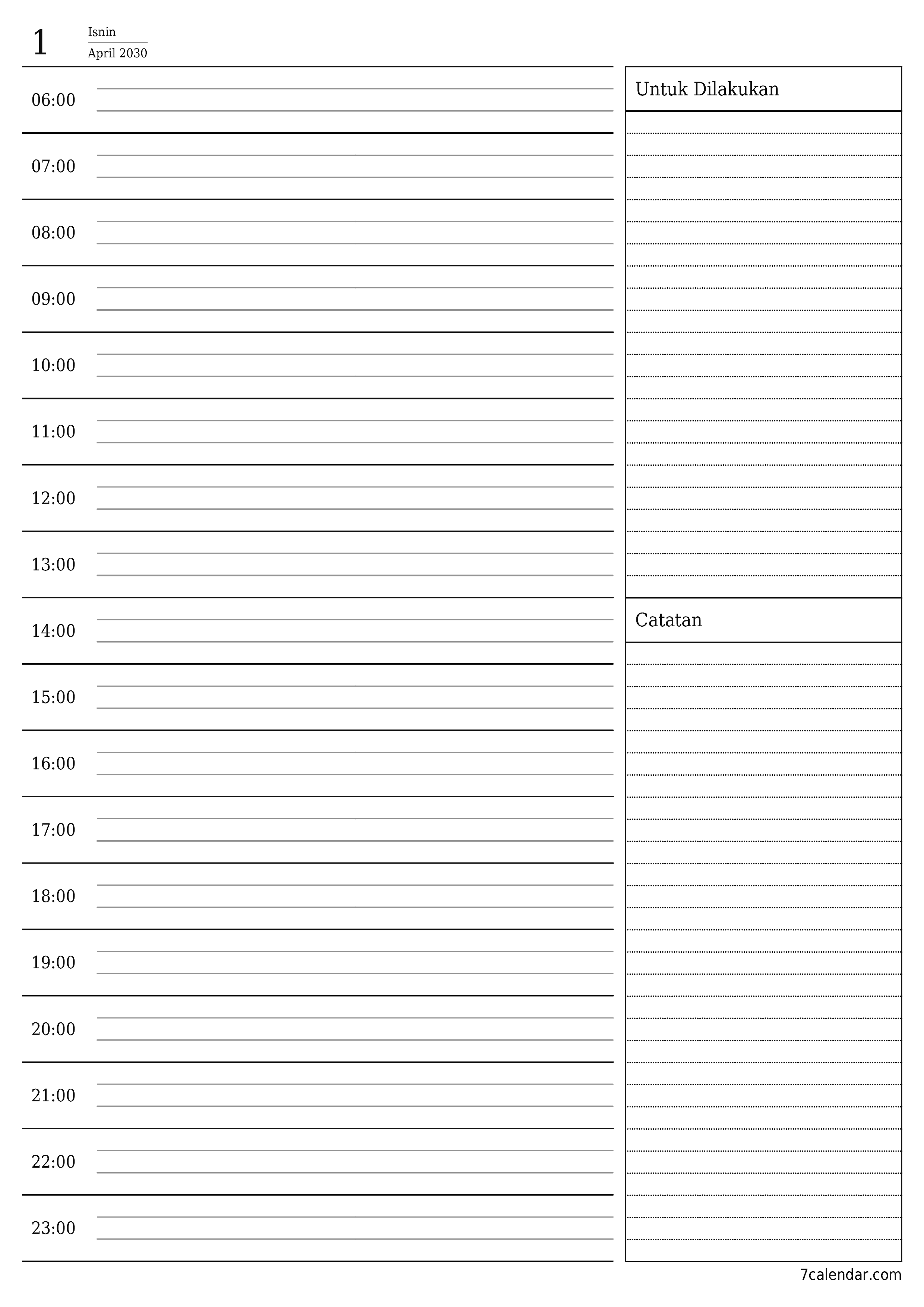 Perencana harian kosong untuk hari April 2030 dengan nota, simpan dan cetak ke PDF PNG Malay