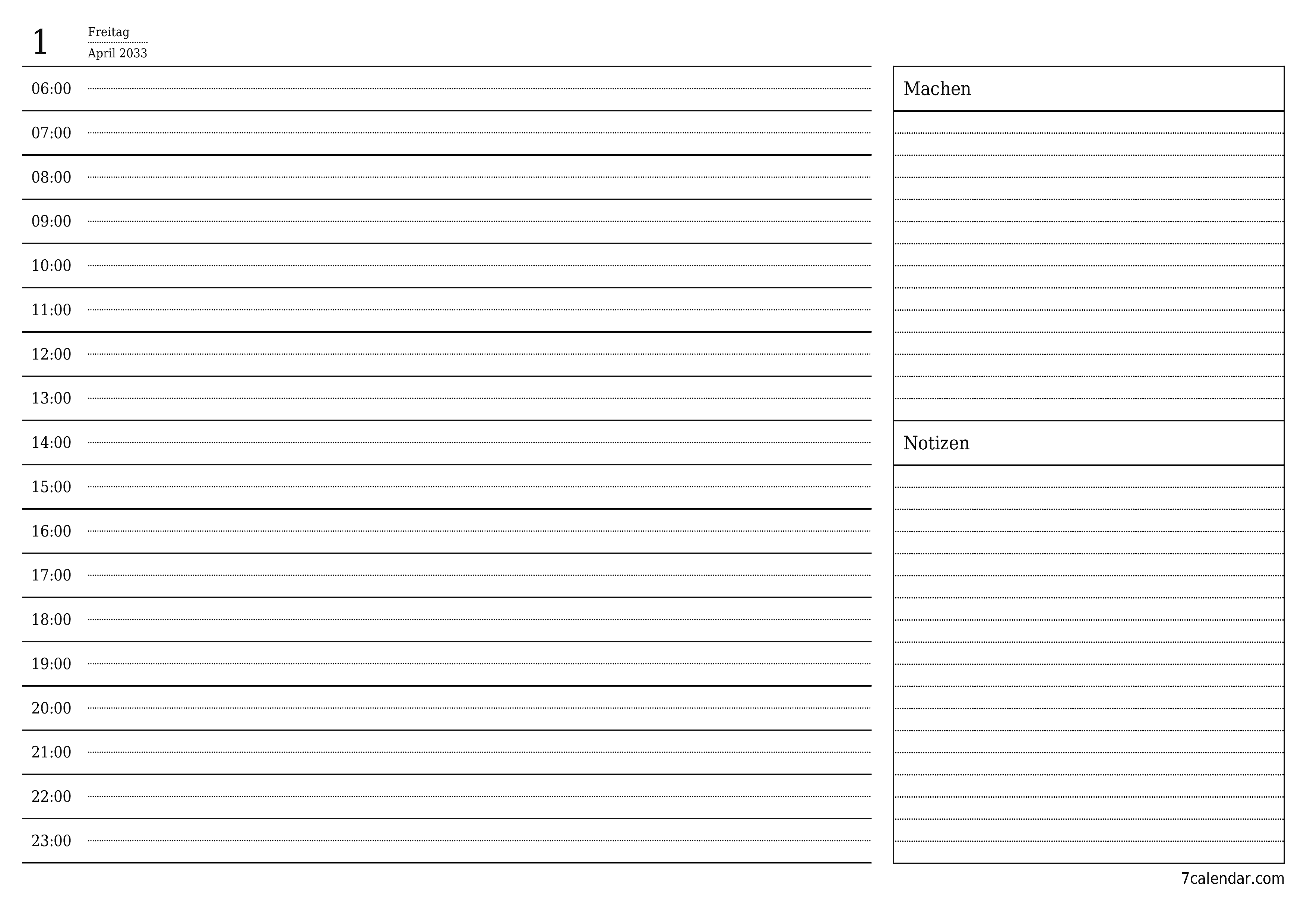 Tagesplaner für Tag April 2033 mit Notizen leeren, speichern und als PDF drucken PNG German