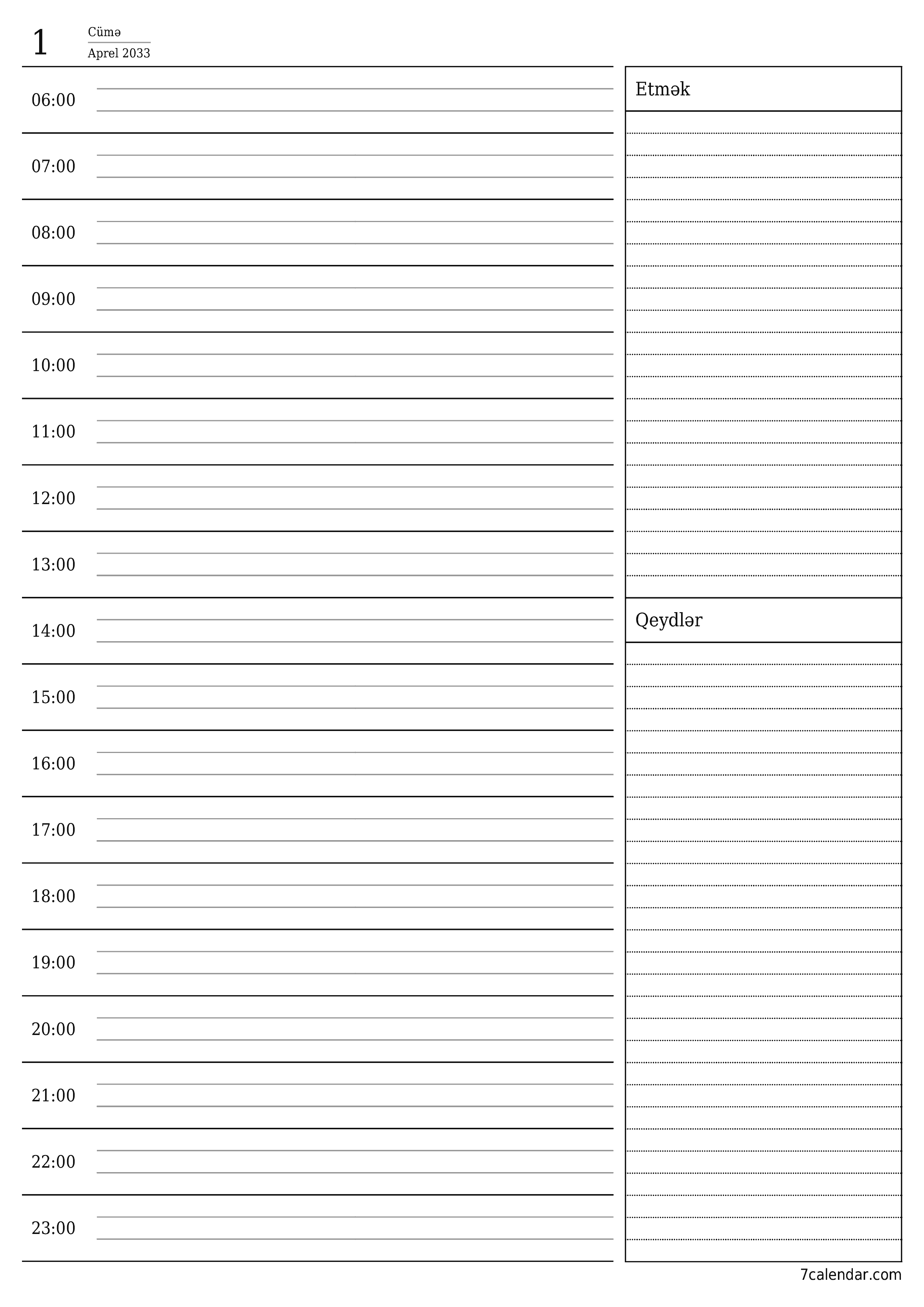 çap edilə bilən divar i şablonu pulsuz şaquli Gündəlik planlaşdırıcı təqvim Aprel (Apr) 2033