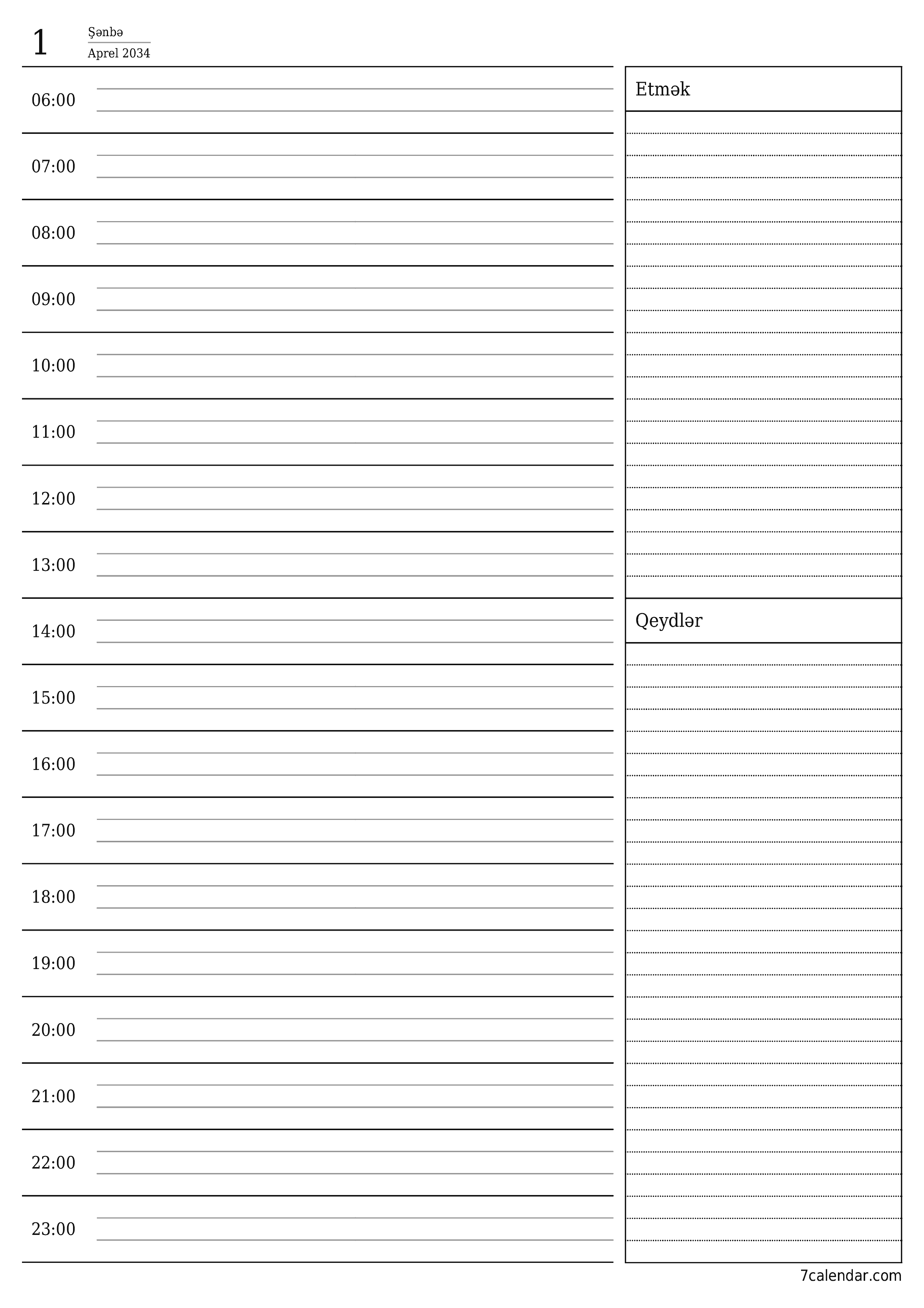 çap edilə bilən divar i şablonu pulsuz şaquli Gündəlik planlaşdırıcı təqvim Aprel (Apr) 2034