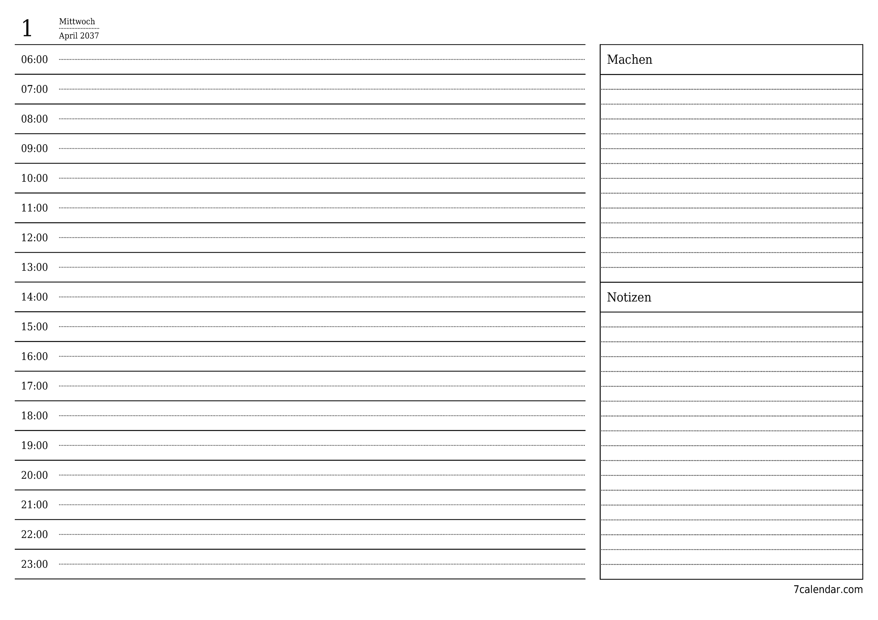Tagesplaner für Tag April 2037 mit Notizen leeren, speichern und als PDF drucken PNG German