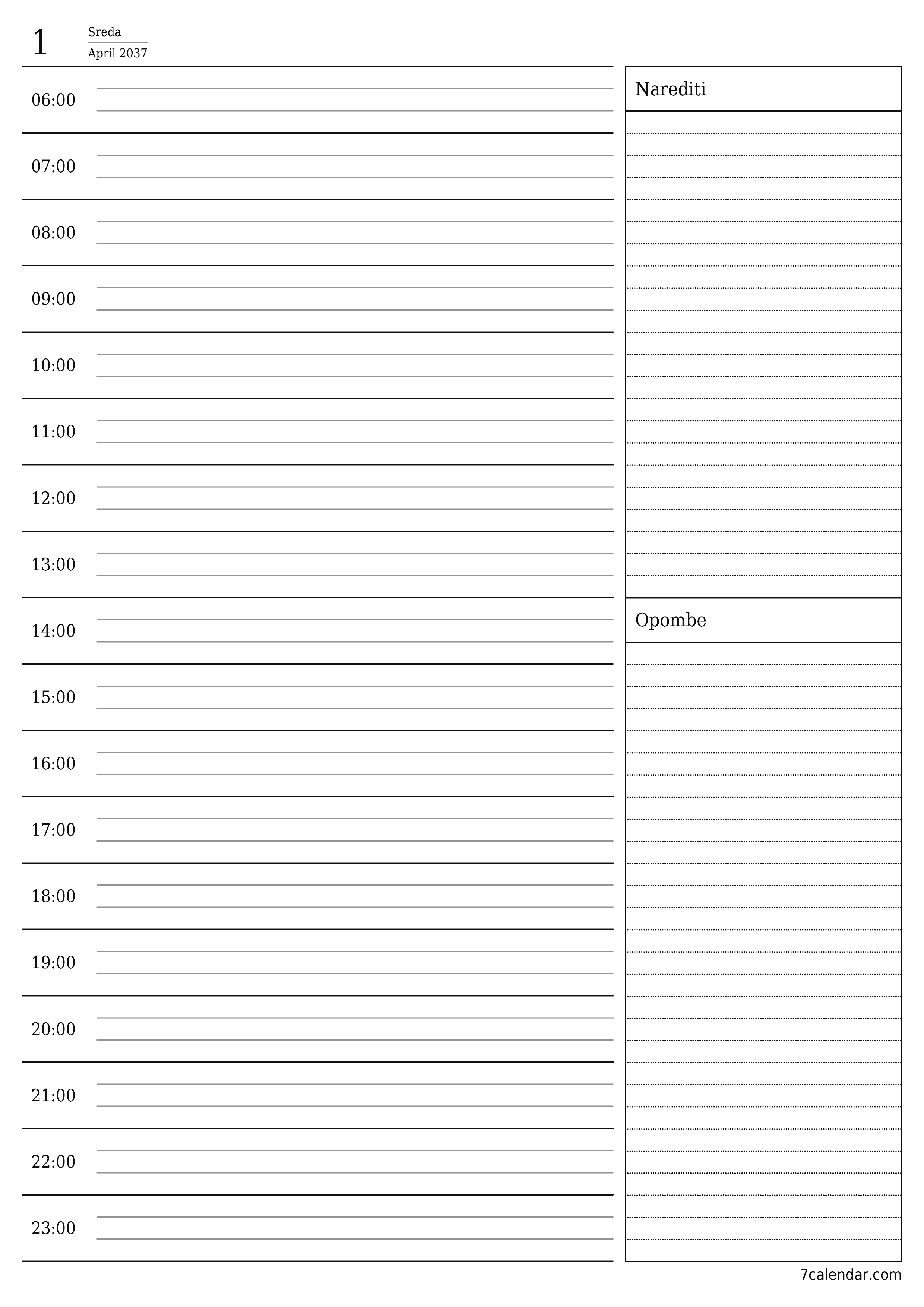 Prazen dnevni koledarski načrtovalec za dan April 2037 z opombami, natisnjenimi v PDF PNG Slovenian