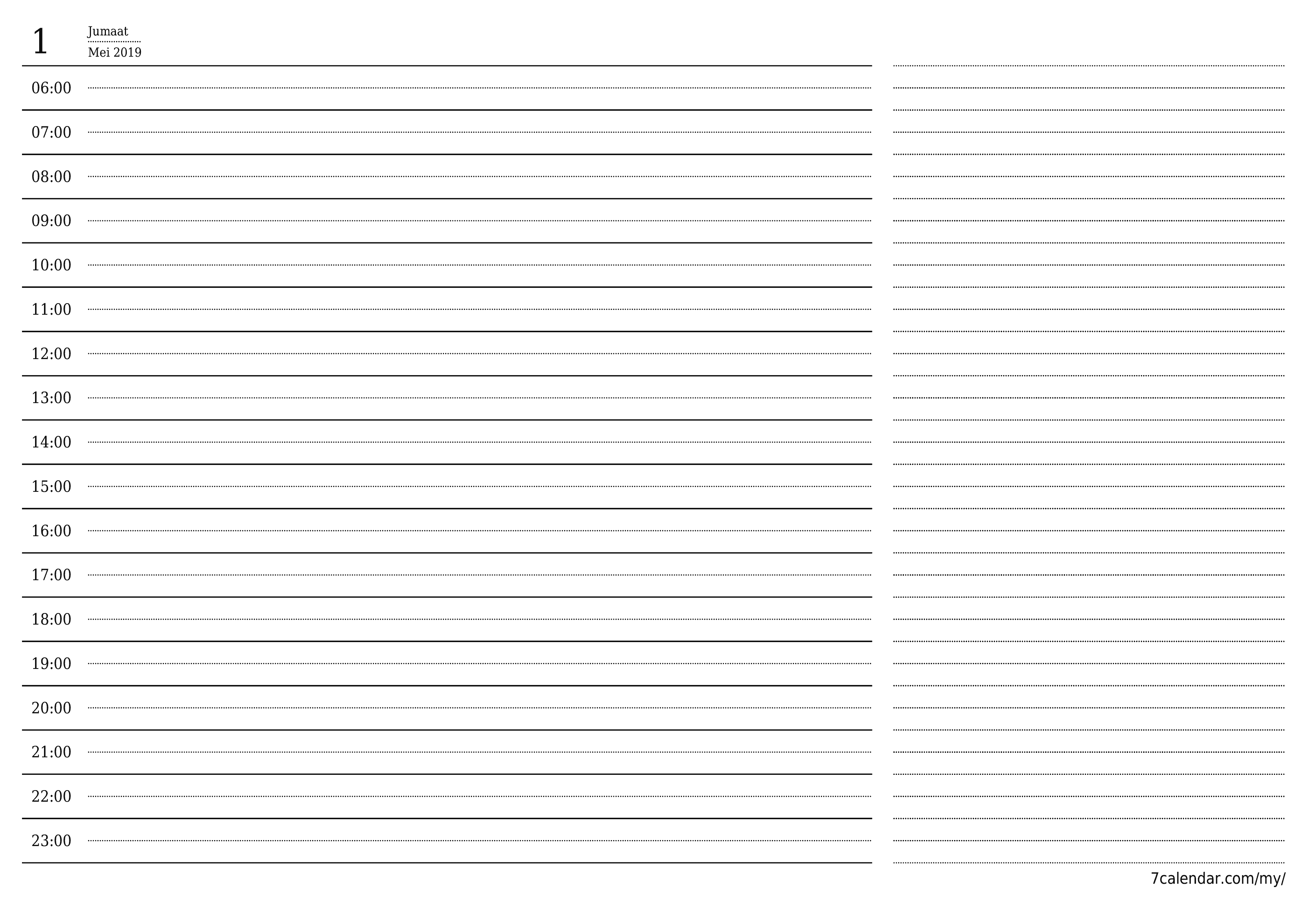 Perencana harian kosong untuk hari Mei 2019 dengan nota, simpan dan cetak ke PDF PNG Malay