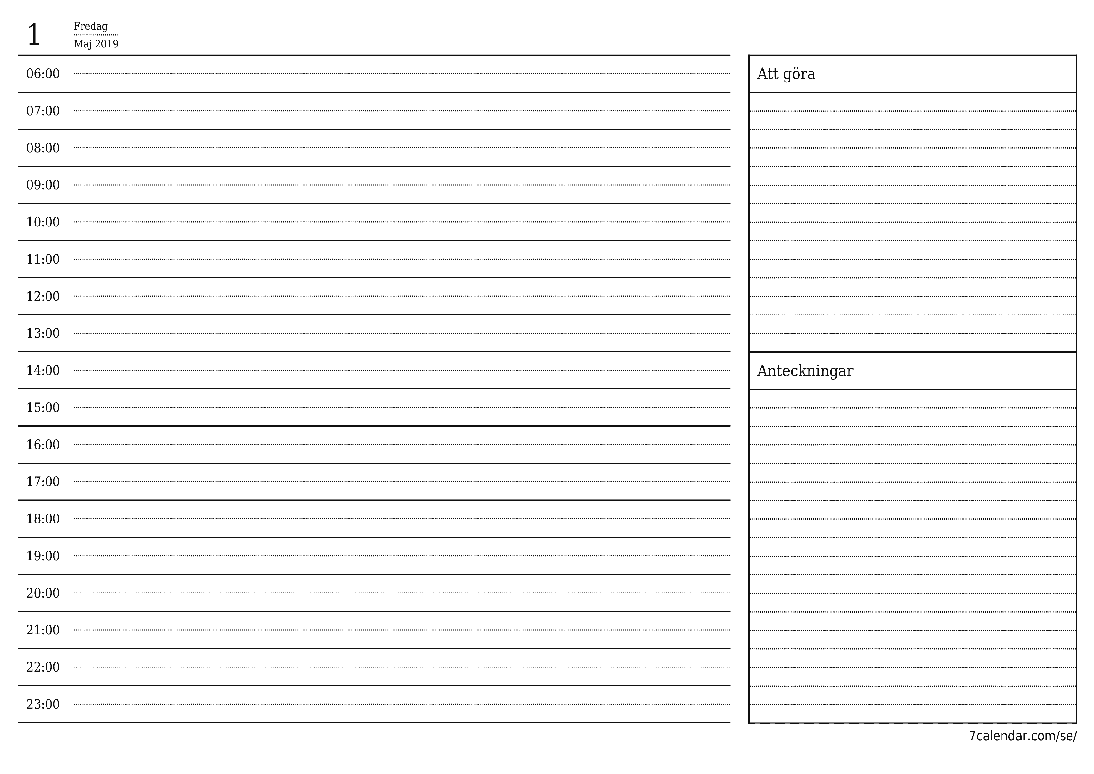 Töm daglig planerare för dag Maj 2019 med anteckningar, spara och skriv ut till PDF PNG Swedish