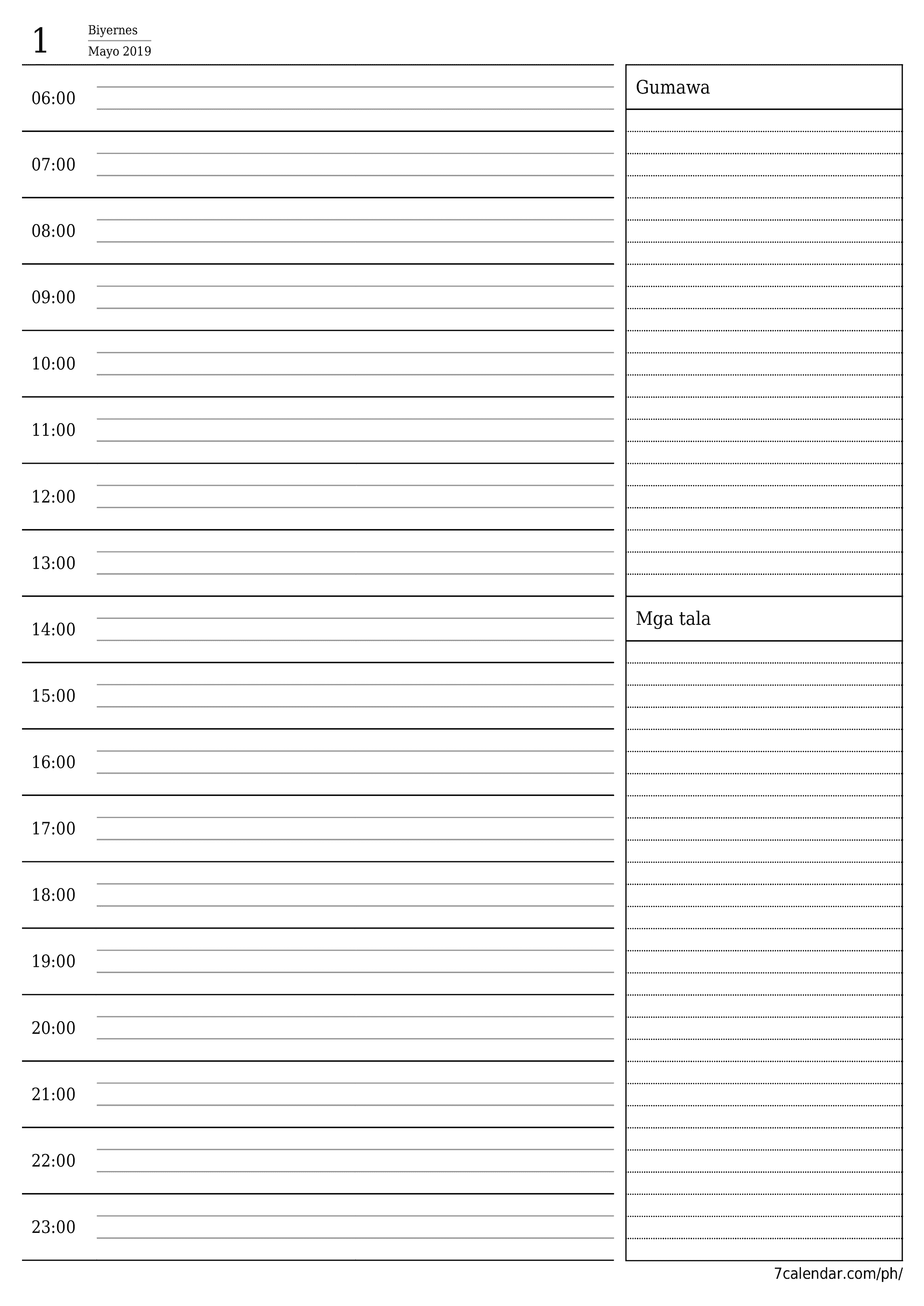 Walang laman araw-araw na tagaplano para sa araw na Mayo 2019 na may mga tala, i-save at i-print sa PDF PNG Filipino