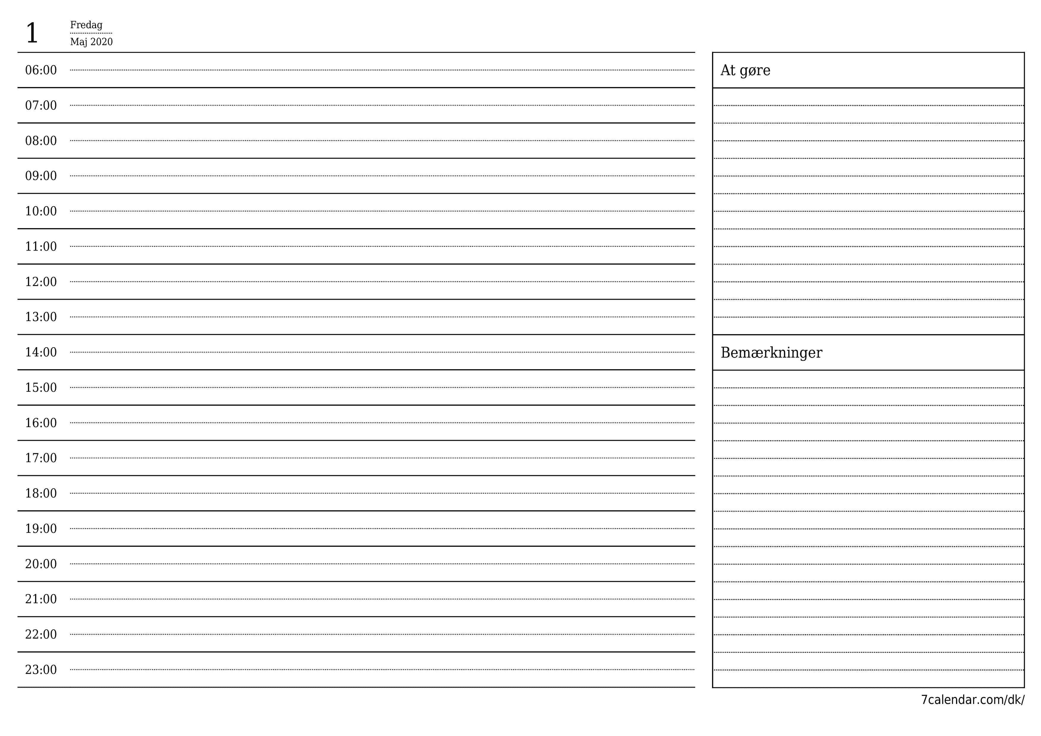 Tom daglig planlægning for dag Maj 2020 med noter, gem og udskriv til PDF PNG Danish