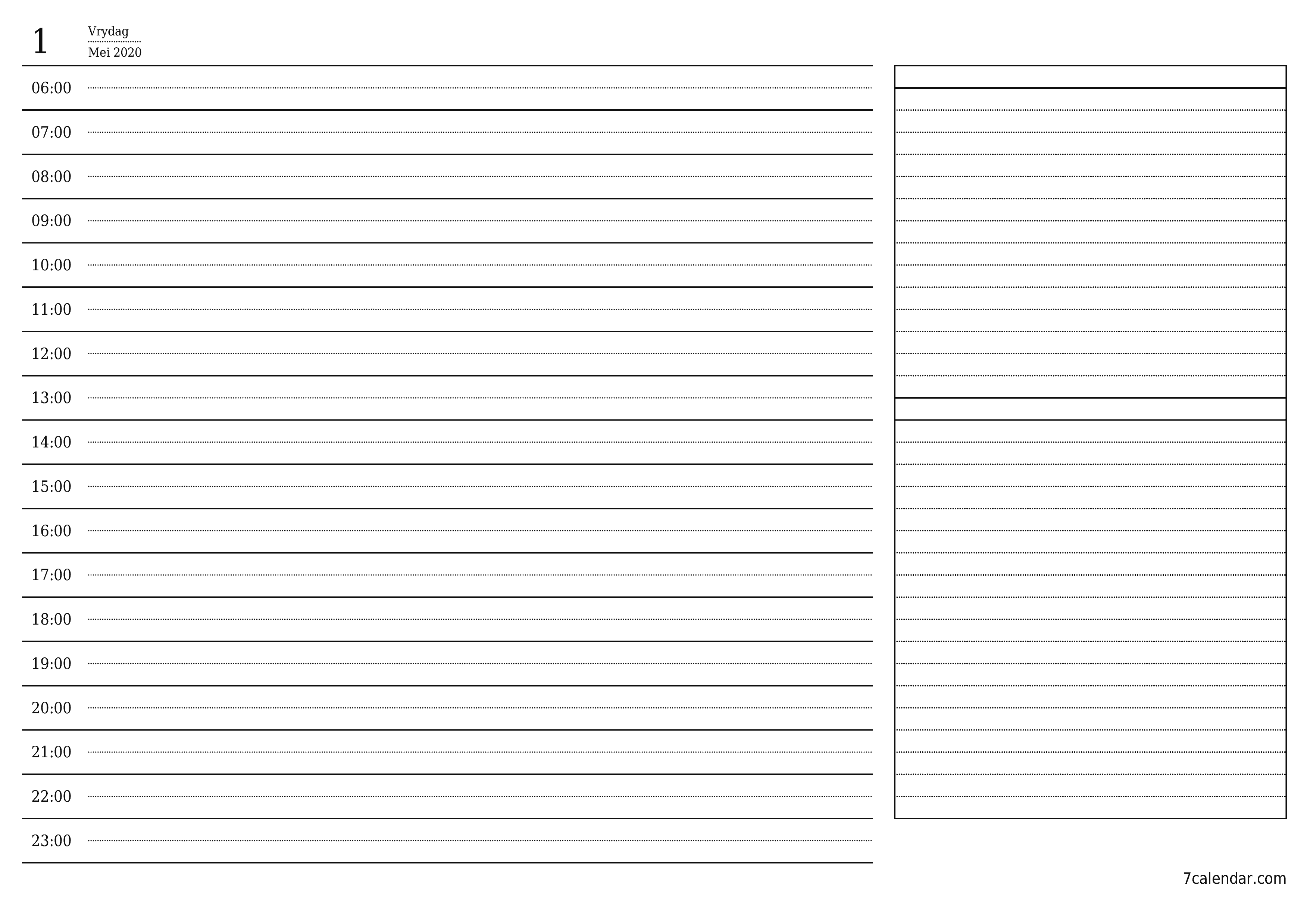 Leë daaglikse drukbare kalender en beplanner vir dag Mei 2020 met notas, stoor en druk na PDF PNG Afrikaans