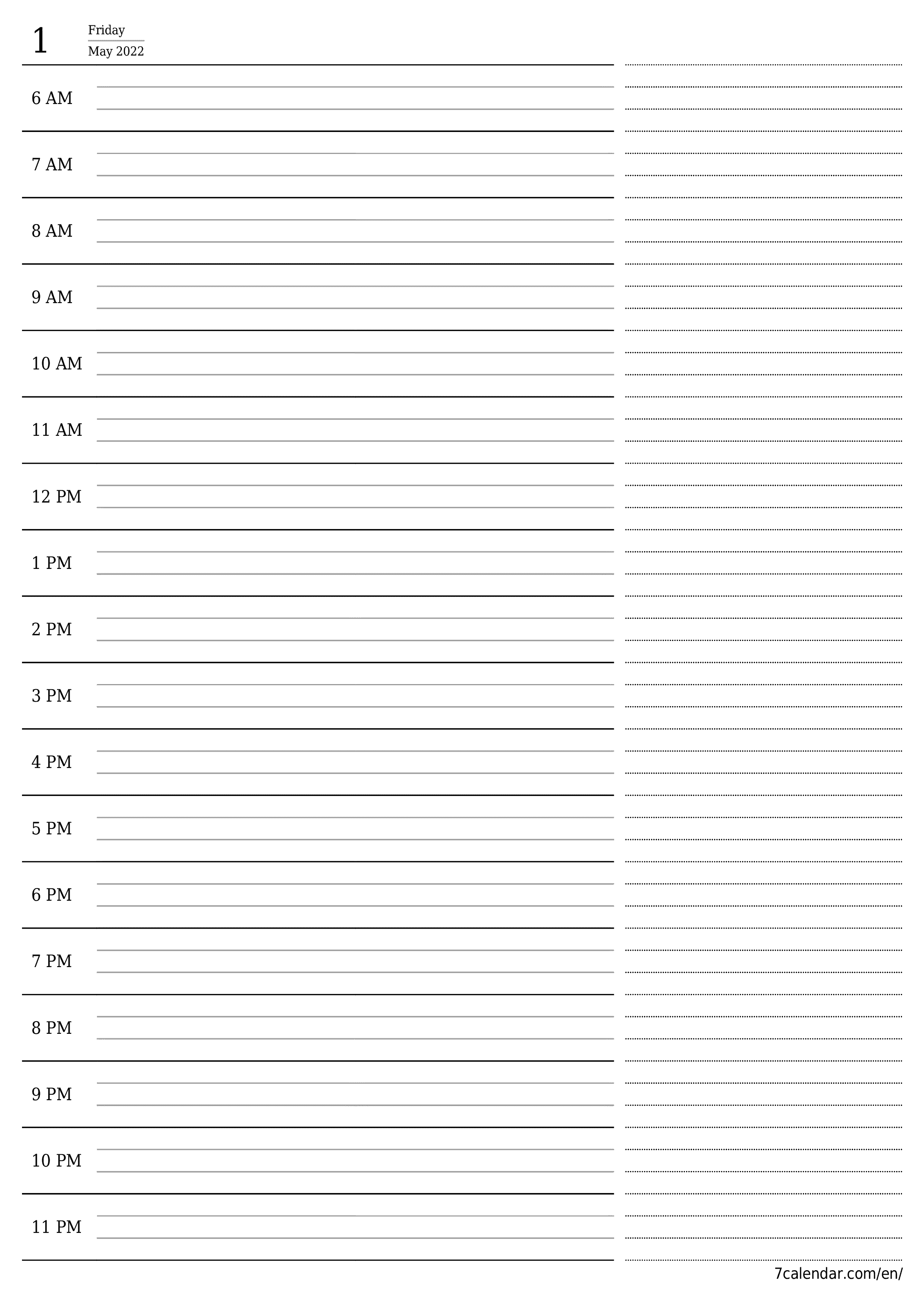 Blank daily printable calendar and planner for day May 2022 with notes, save and print to PDF PNG English