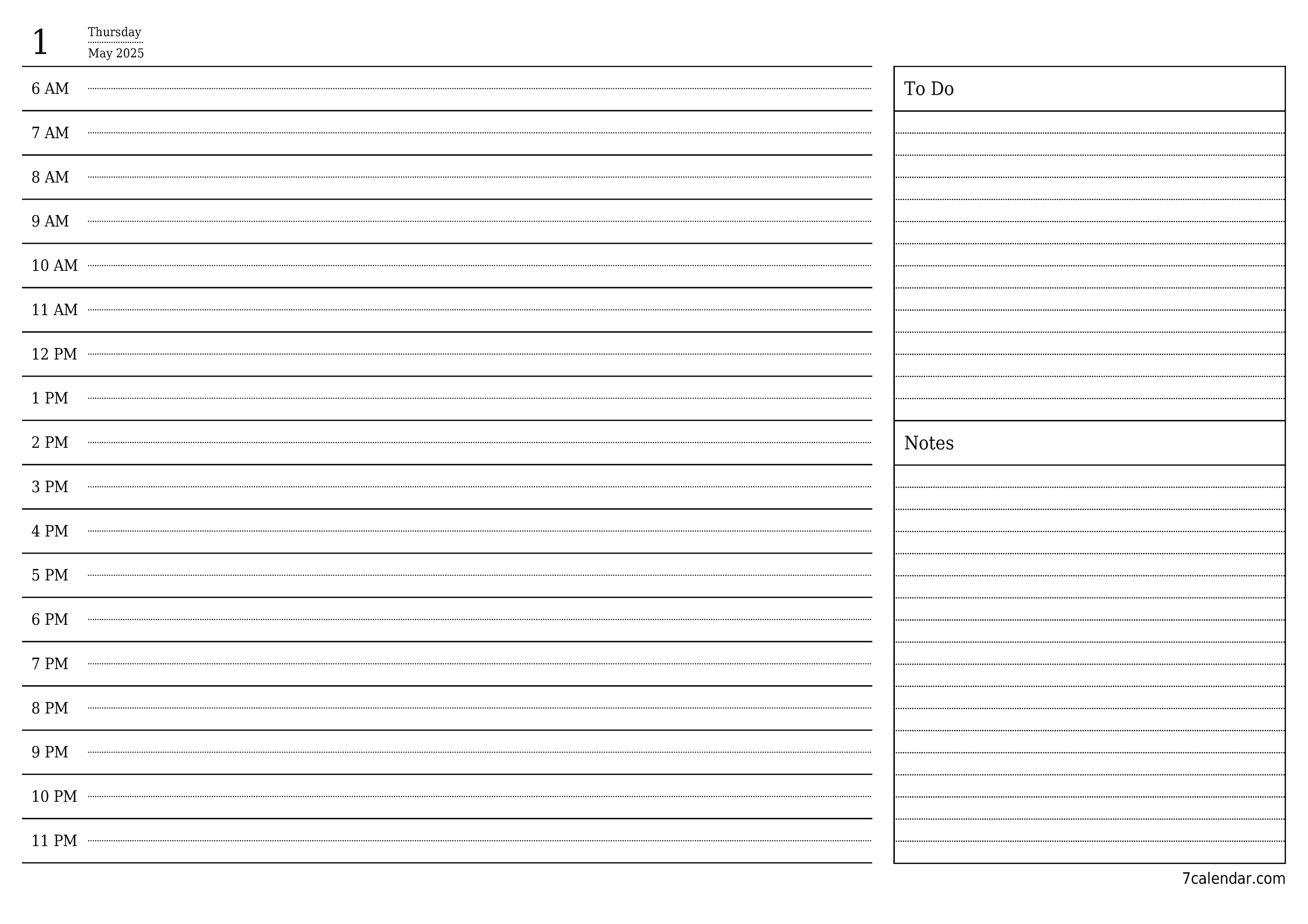 Blank daily printable calendar and planner for day May 2025 with notes, save and print to PDF PNG English